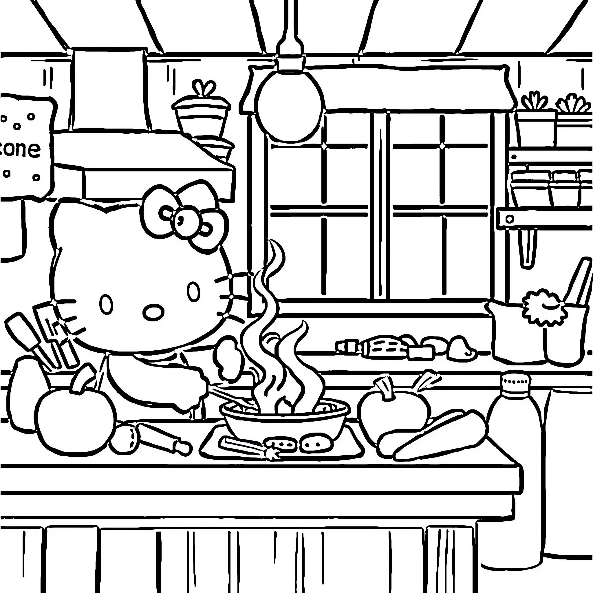 Hello Kitty cooking delicious meal in the kitchen Coloring Page (free black-and-white line drawing printable PDF for all, from beginners to advanced learners, including children, teens, adults, and seniors)