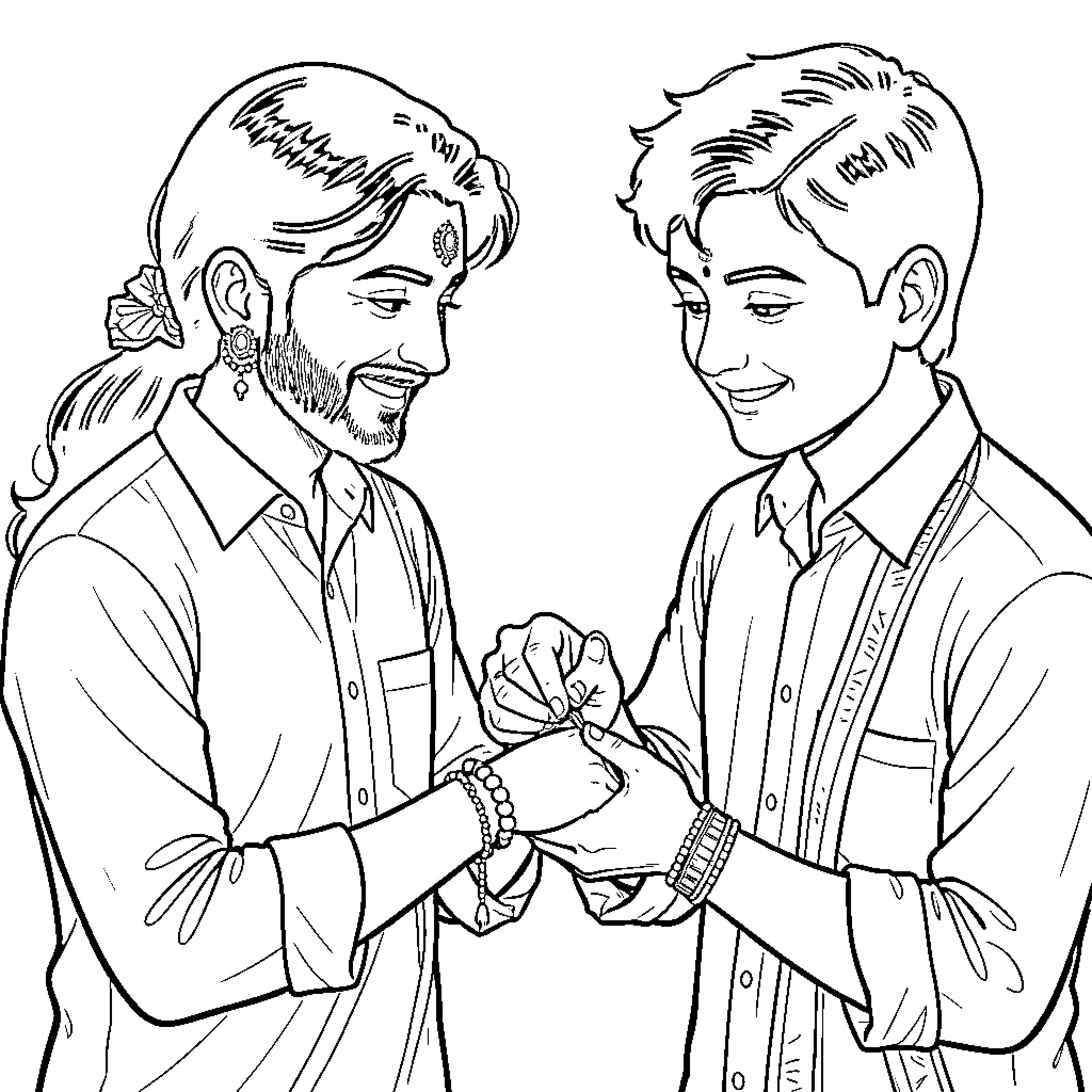 Rakhi ceremony showing brother and sister celebrating together Coloring Page (free black-and-white line drawing printable PDF for all, from beginners to advanced learners, including children, teens, adults, and seniors)