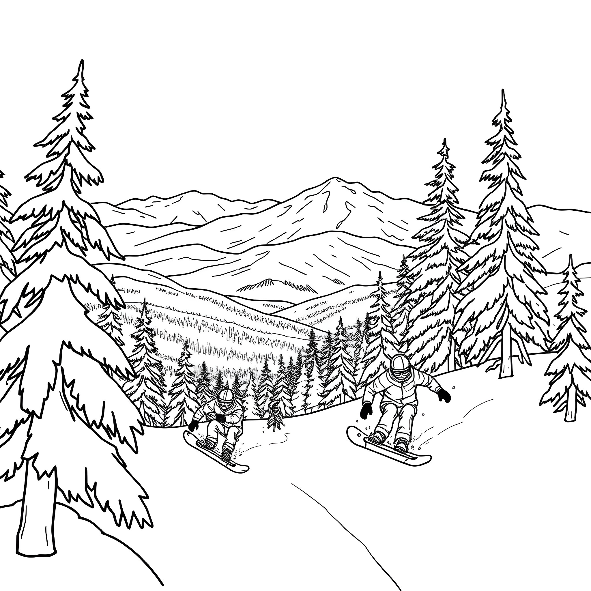 Snowboarding in the Snowy Mountain Landscape Coloring Page (free black-and-white line drawing printable PDF for all, from beginners to advanced learners, including children, teens, adults, and seniors)