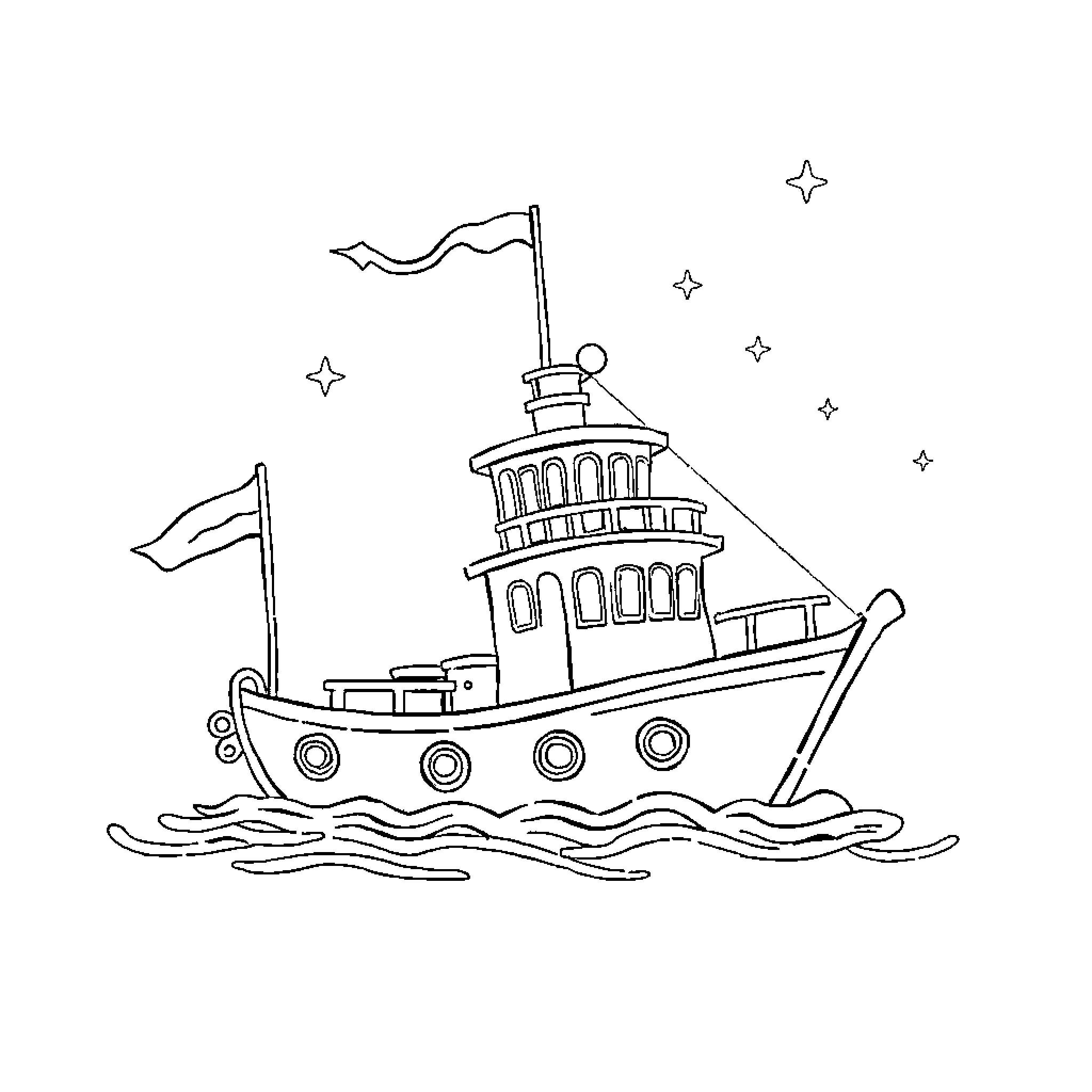 Boat sailing on the seas with flags and stars Coloring Page (free black-and-white line drawing printable PDF for all, from beginners to advanced learners, including children, teens, adults, and seniors)