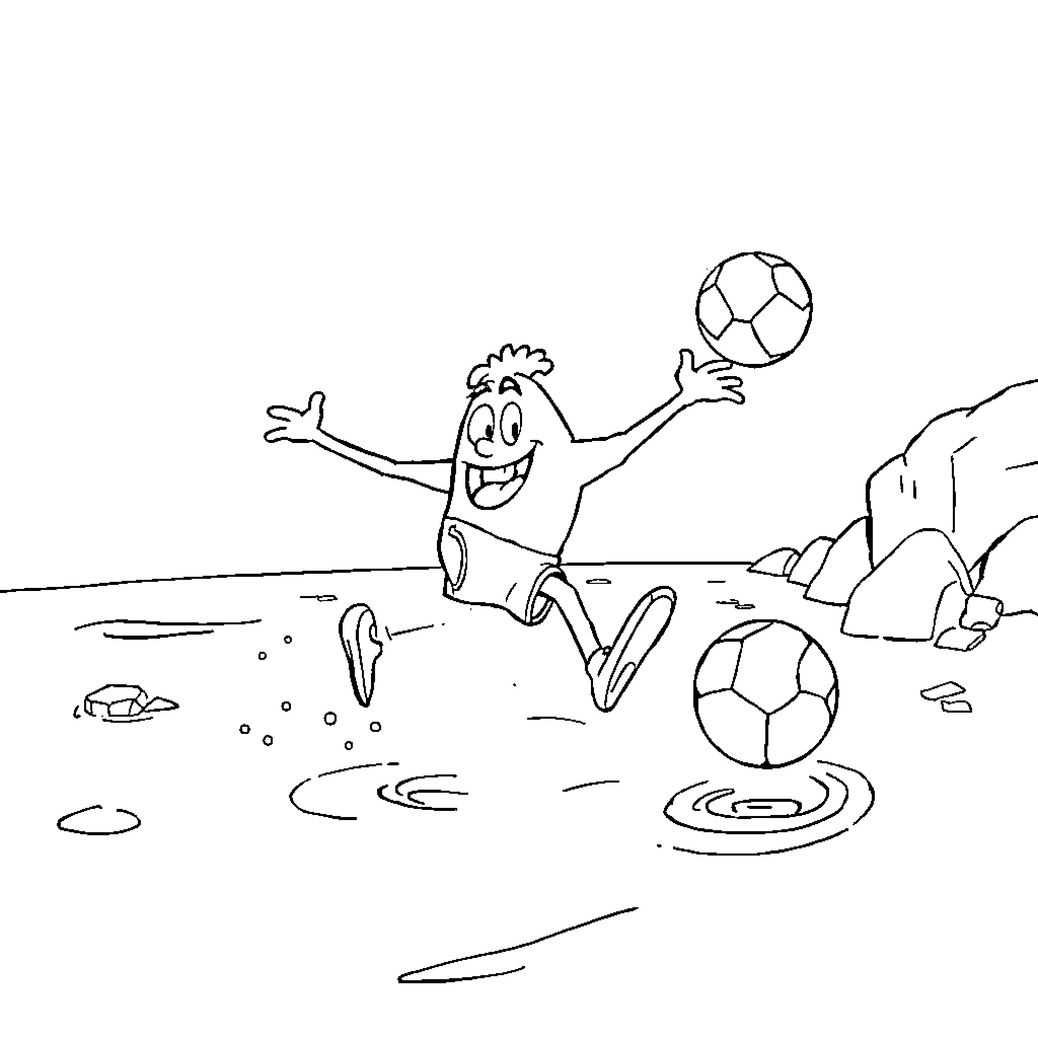 Bob esponja plays with soccer balls on the beach Coloring Page (free black-and-white line drawing printable PDF for all, from beginners to advanced learners, including children, teens, adults, and seniors)