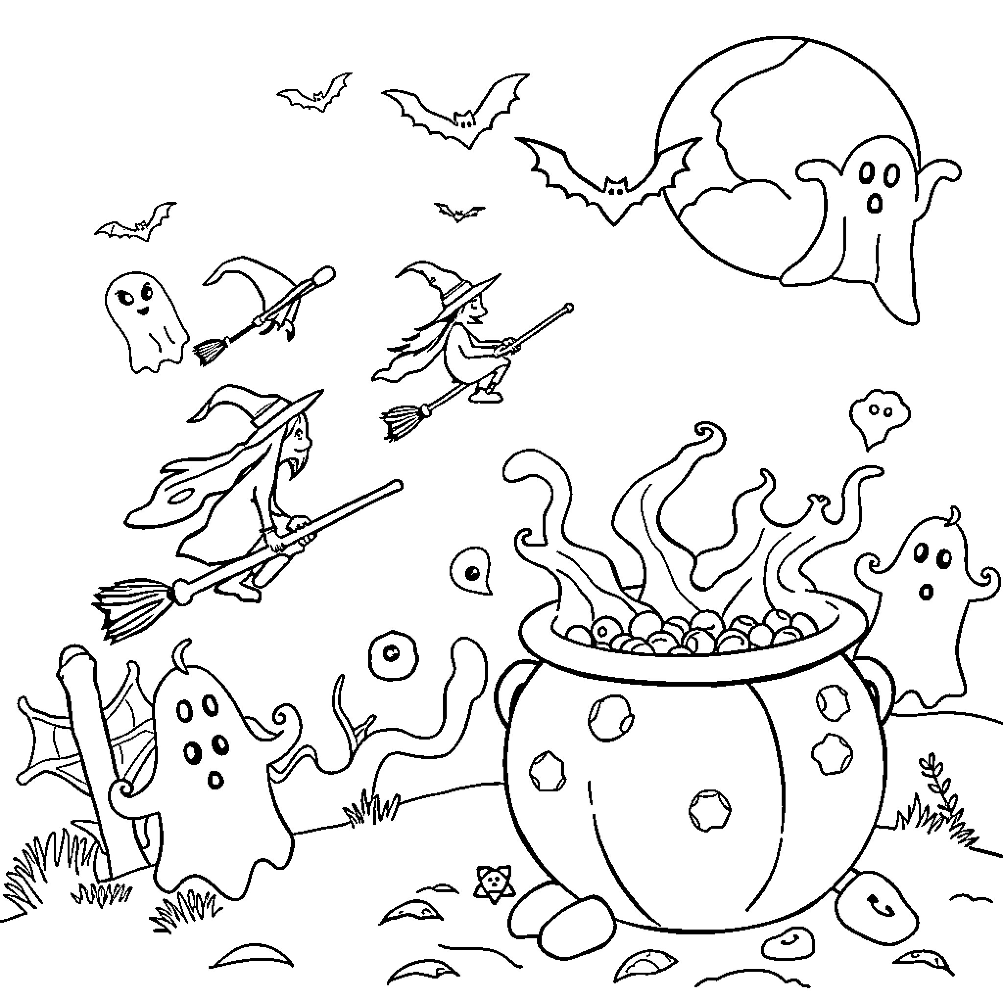 Witch's Halloween Cauldron with Spooky Creatures Coloring Page (free black-and-white line drawing printable PDF for all, from beginners to advanced learners, including children, teens, adults, and seniors)