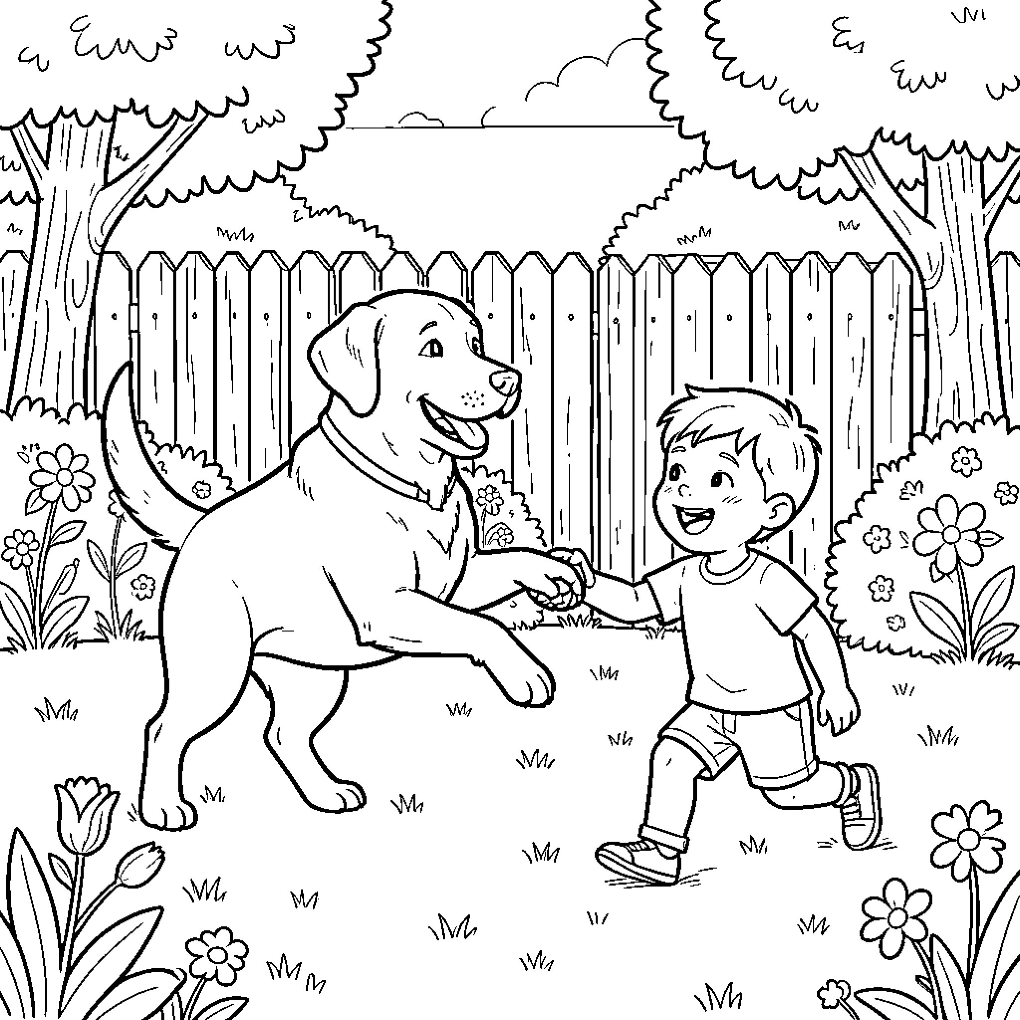 Labrador shaking hands with a happy young boy Coloring Page (free black-and-white line drawing printable PDF for all, from beginners to advanced learners, including children, teens, adults, and seniors)