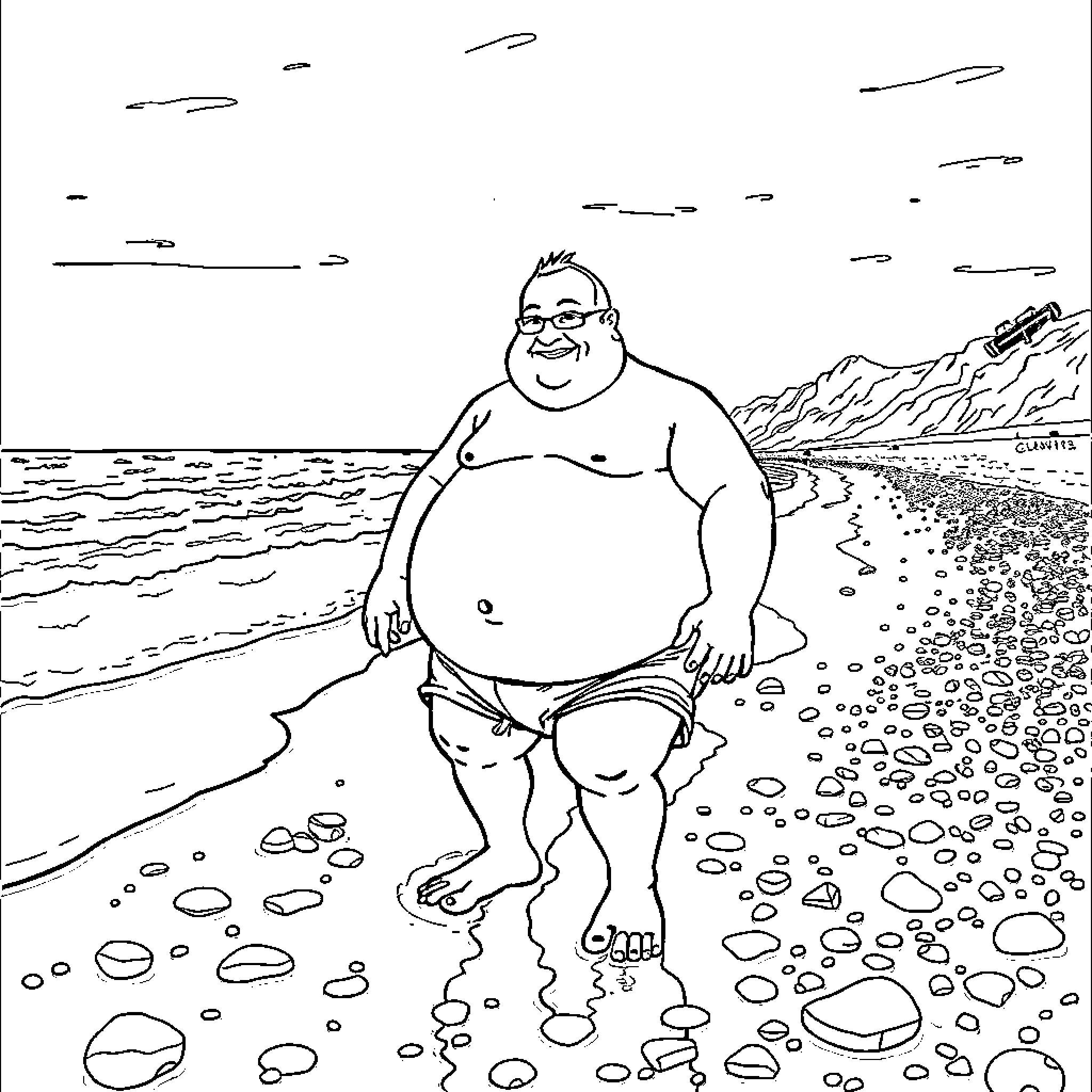 Tata enjoying a sunny day at the beach Coloring Page (free black-and-white line drawing printable PDF for all, from beginners to advanced learners, including children, teens, adults, and seniors)