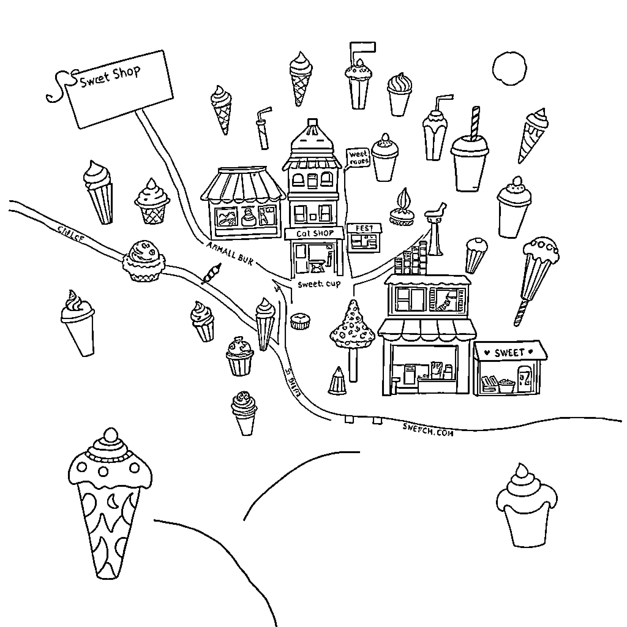 Dessert Delights in a Sweet Town Coloring Page (free black-and-white line drawing printable PDF for all, from beginners to advanced learners, including children, teens, adults, and seniors)