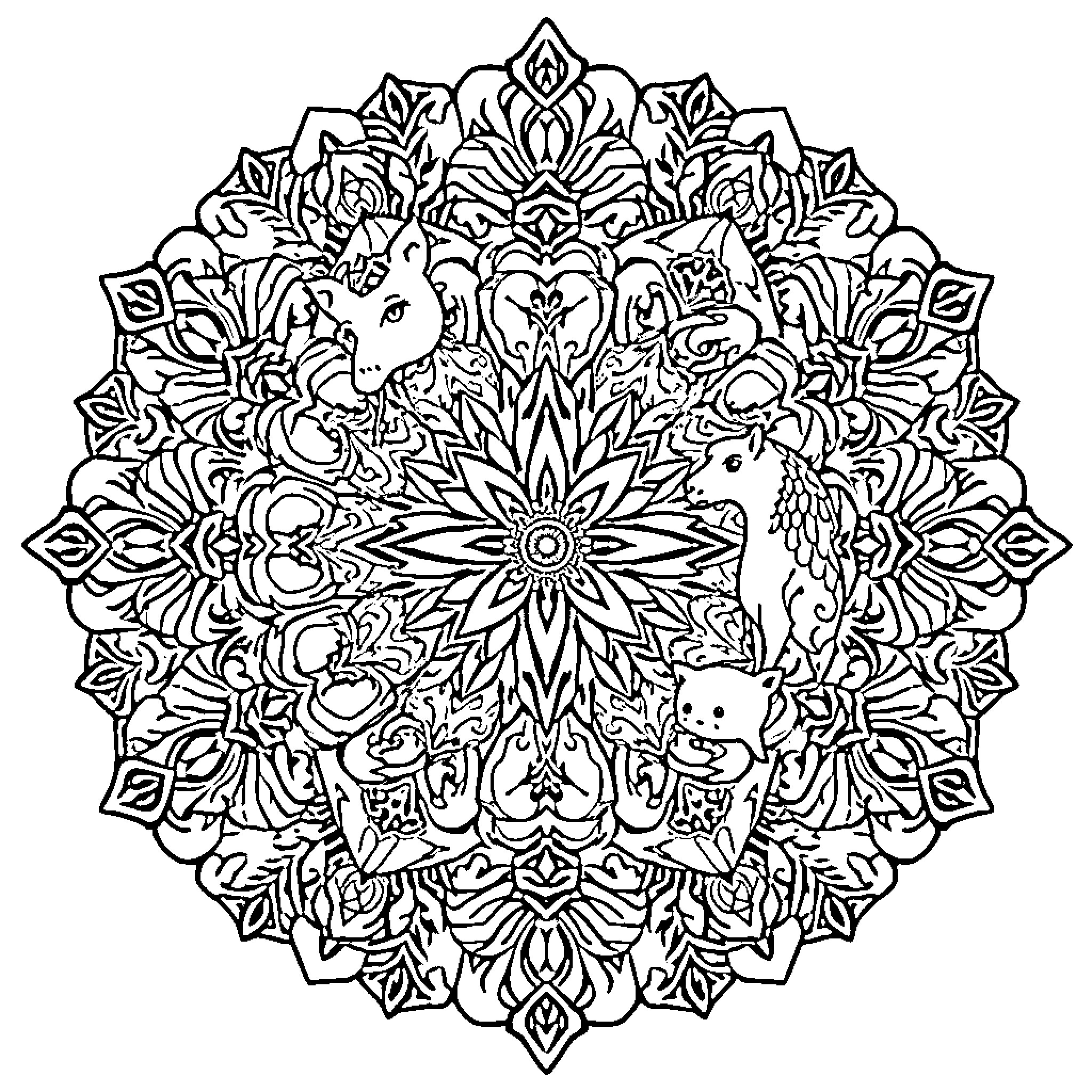 Animal Mandala with Intricate Floral Patterns Coloring Page (free black-and-white line drawing printable PDF for all, from beginners to advanced learners, including children, teens, adults, and seniors)