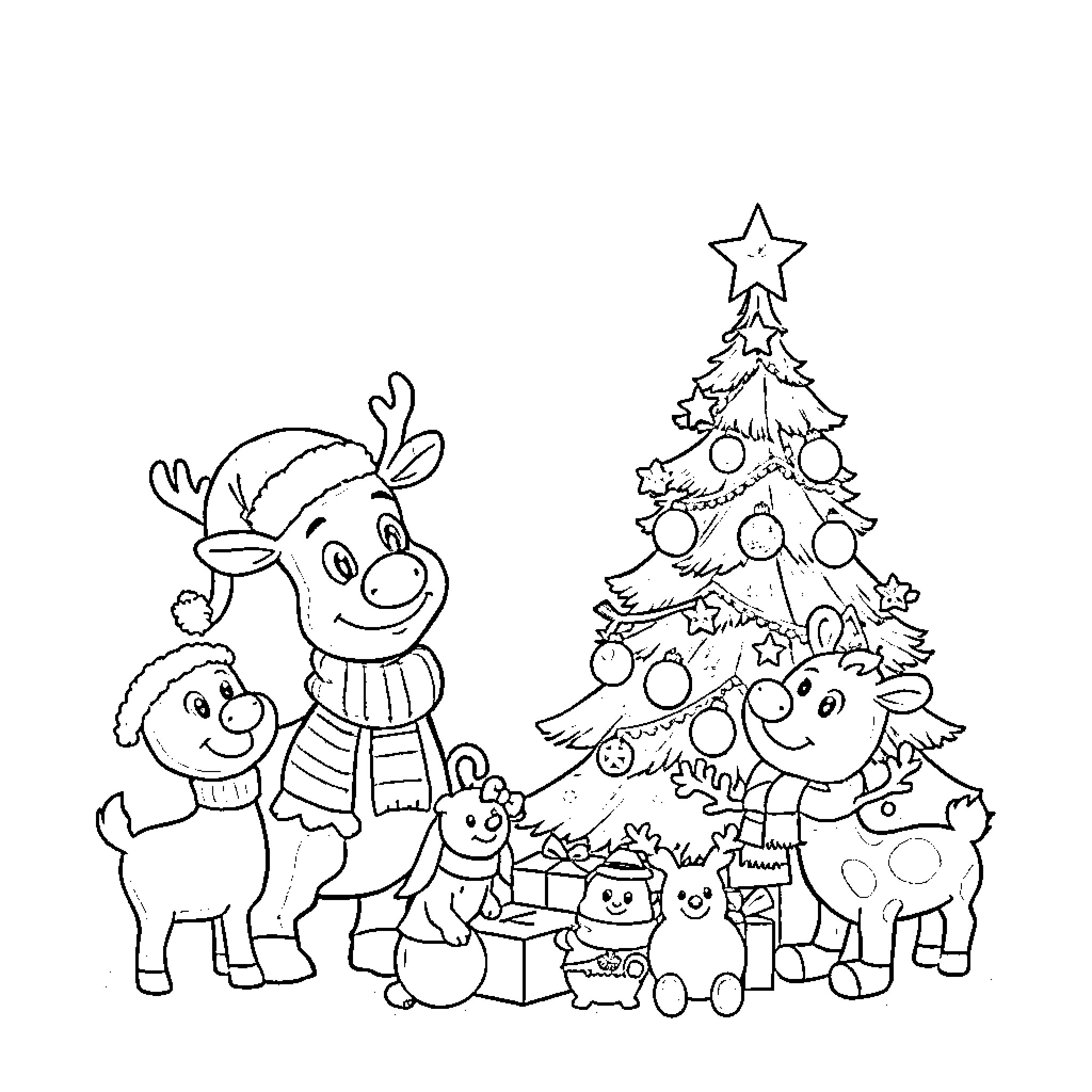 Rudolph and friends celebrate Christmas with festive tree Coloring Page (free black-and-white line drawing printable PDF for all, from beginners to advanced learners, including children, teens, adults, and seniors)