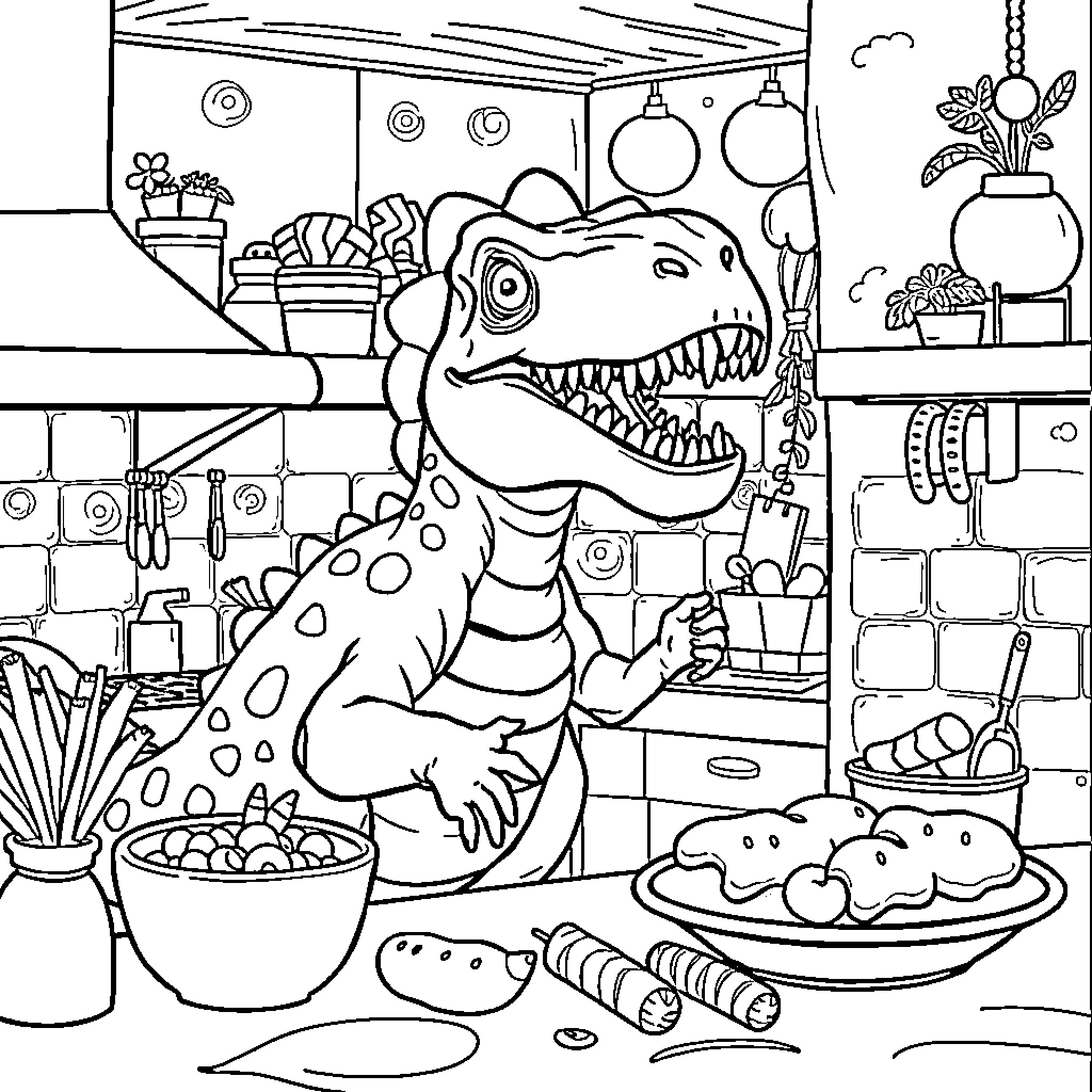 Dinosaur Chef Preparing Delicious Meals in the Kitchen Coloring Page (free black-and-white line drawing printable PDF for all, from beginners to advanced learners, including children, teens, adults, and seniors)