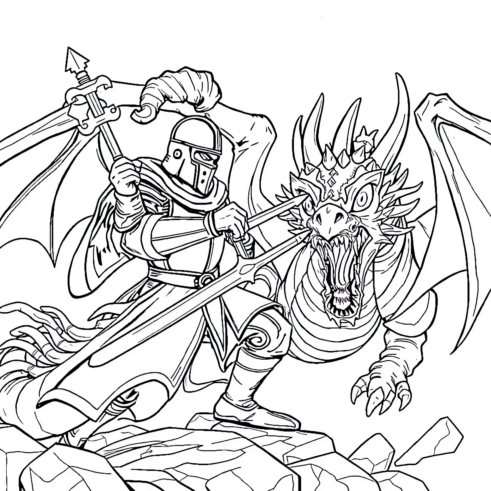 Chess Knight Battles Fierce Dragon Coloring Page (free black-and-white line drawing printable PDF for all, from beginners to advanced learners, including children, teens, adults, and seniors)