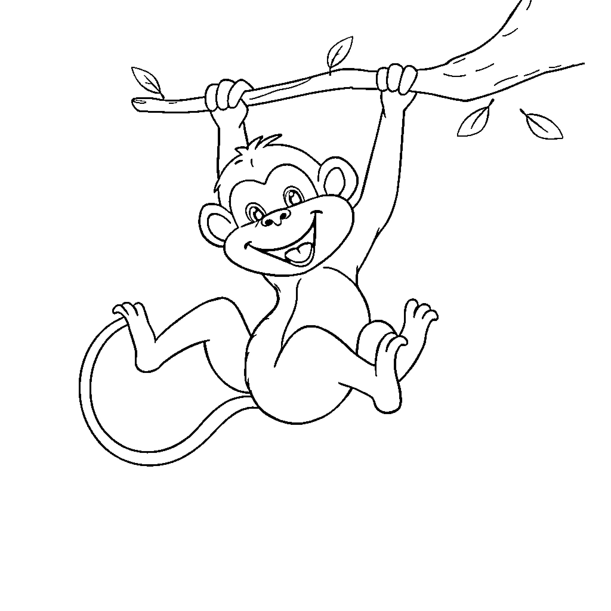 Monkey swinging playfully on a tree branch Coloring Page (free black-and-white line drawing printable PDF for all, from beginners to advanced learners, including children, teens, adults, and seniors)