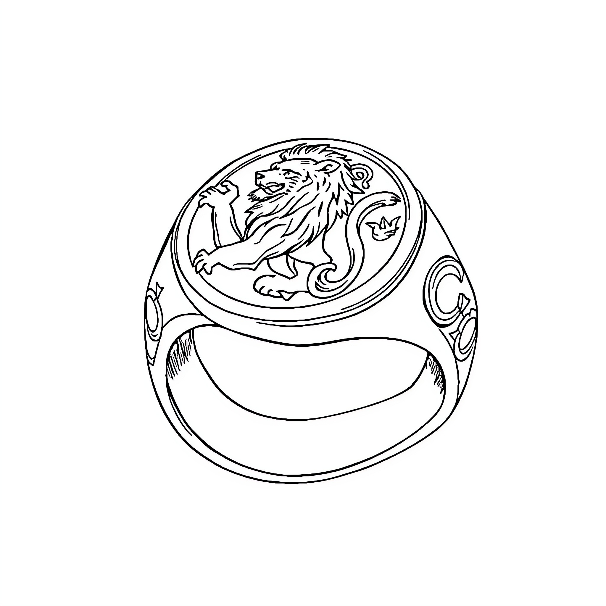 Lion's Regal Signet Ring Coloring Page (free black-and-white line drawing printable PDF for all, from beginners to advanced learners, including children, teens, adults, and seniors)