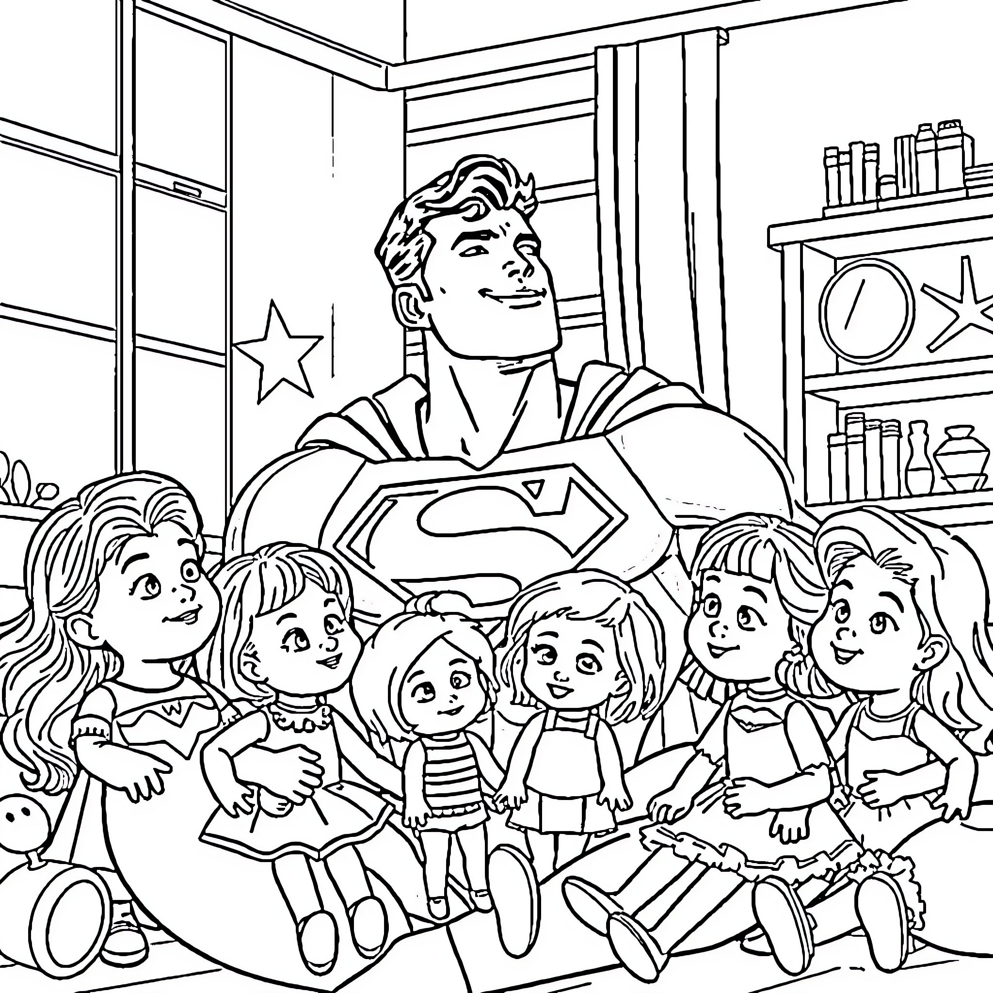 Superman surrounded by happy children Coloring Page (free black-and-white line drawing printable PDF for all, from beginners to advanced learners, including children, teens, adults, and seniors)