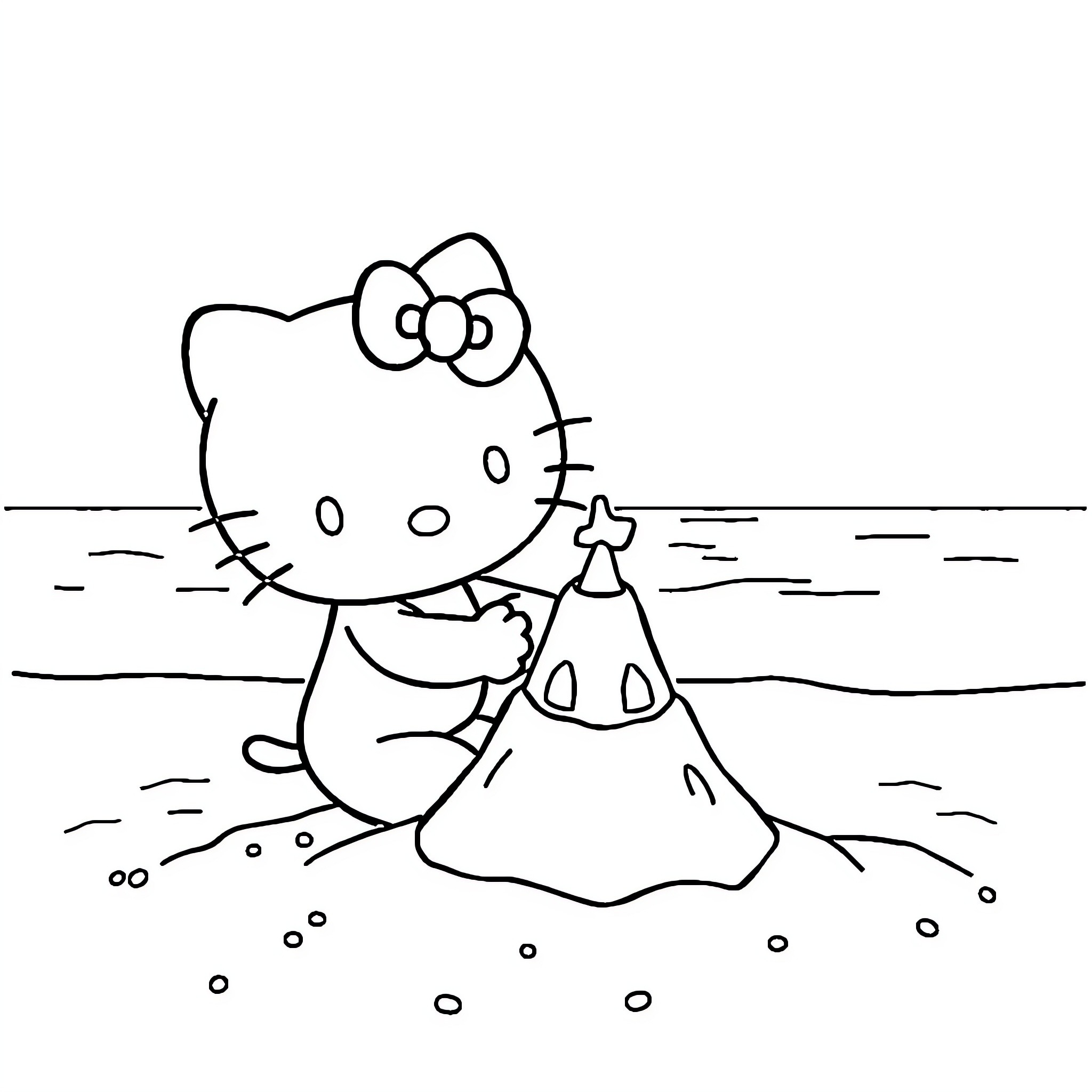 Hello Kitty building a sandcastle on the beach Coloring Page (free black-and-white line drawing printable PDF for all, from beginners to advanced learners, including children, teens, adults, and seniors)