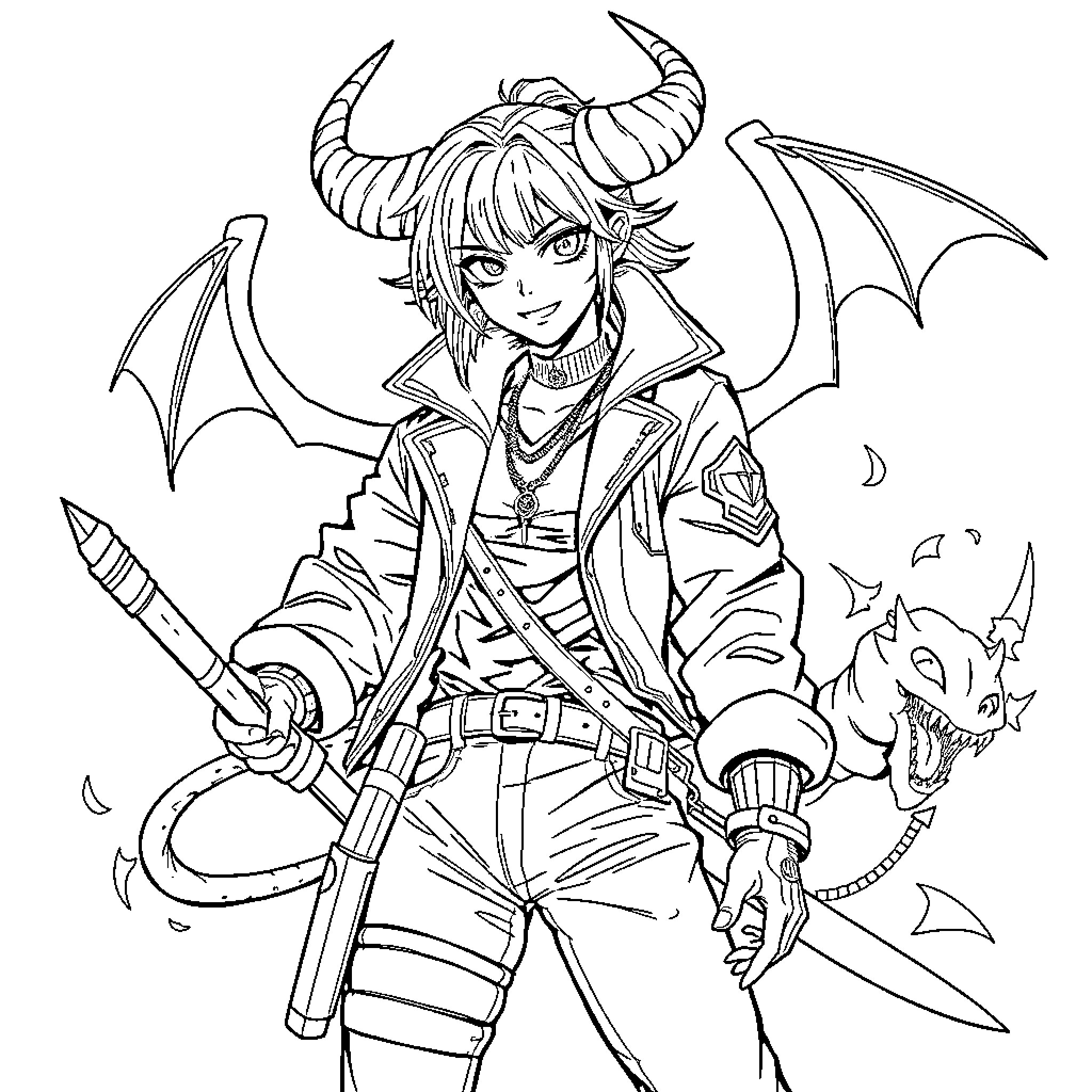 Demon Hunter's Fearless Encounter with the Supernatural Coloring Page (free black-and-white line drawing printable PDF for all, from beginners to advanced learners, including children, teens, adults, and seniors)