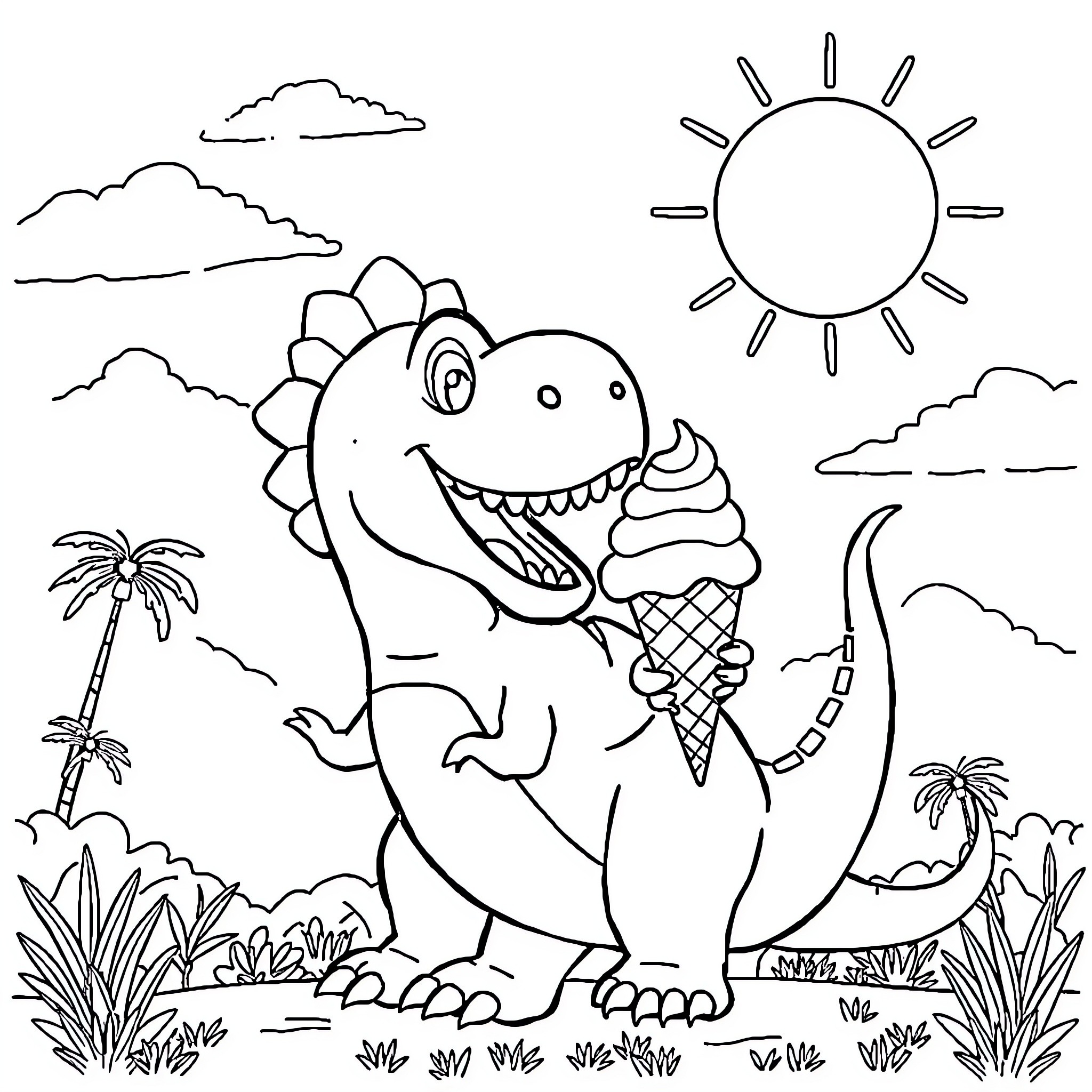 Dinosaur enjoying an ice cream on a sunny day Coloring Page (free black-and-white line drawing printable PDF for all, from beginners to advanced learners, including children, teens, adults, and seniors)