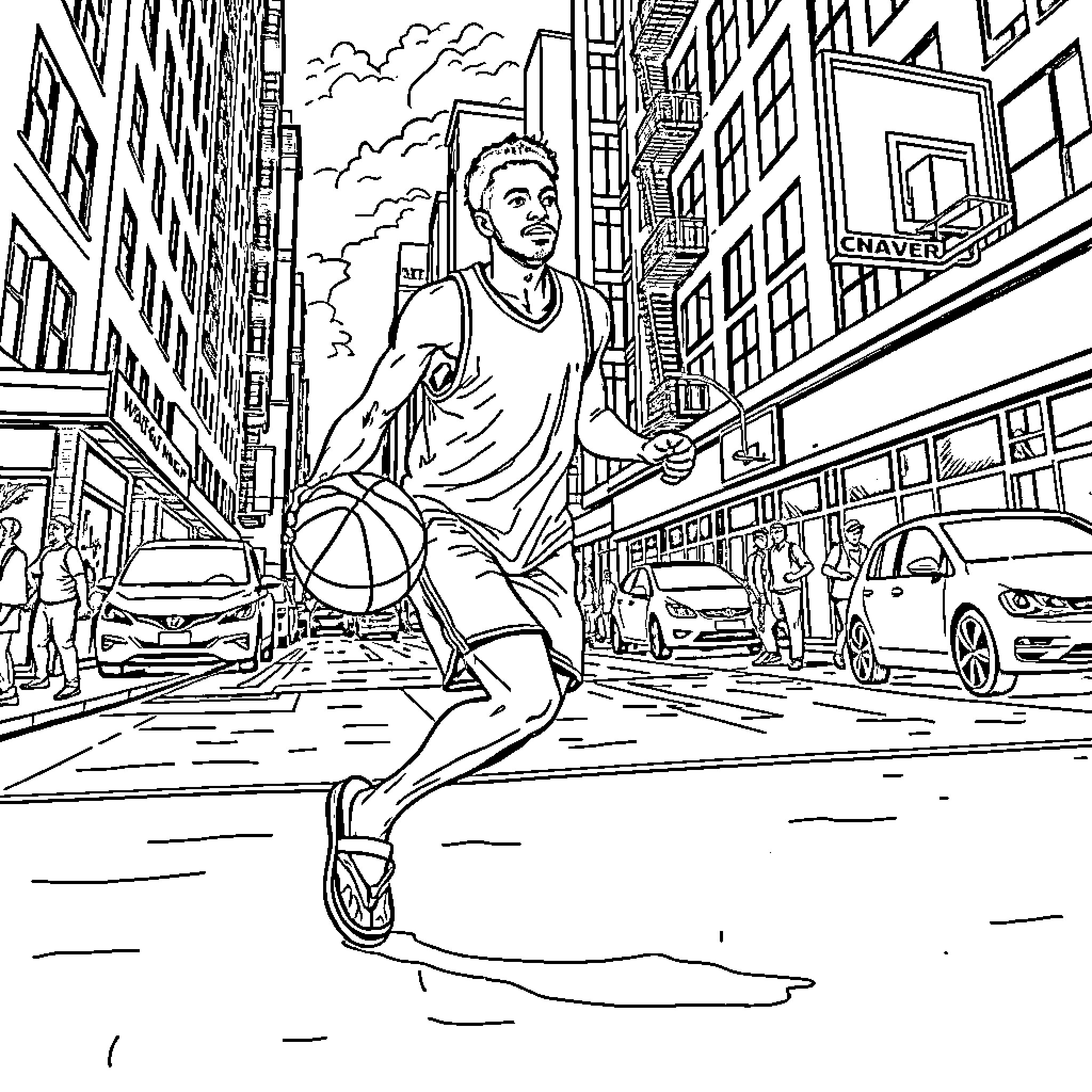 Basketball Player Dribbling on City Streets Coloring Page (free black-and-white line drawing printable PDF for all, from beginners to advanced learners, including children, teens, adults, and seniors)