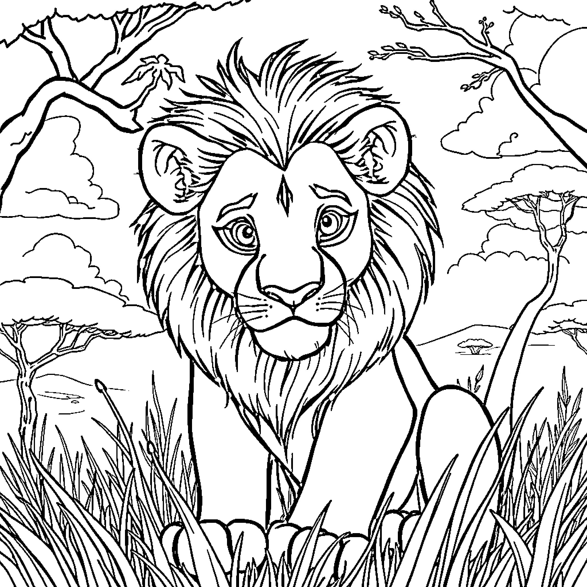 Lion in the wild savanna Coloring Page (free black-and-white line drawing printable PDF for all, from beginners to advanced learners, including children, teens, adults, and seniors)