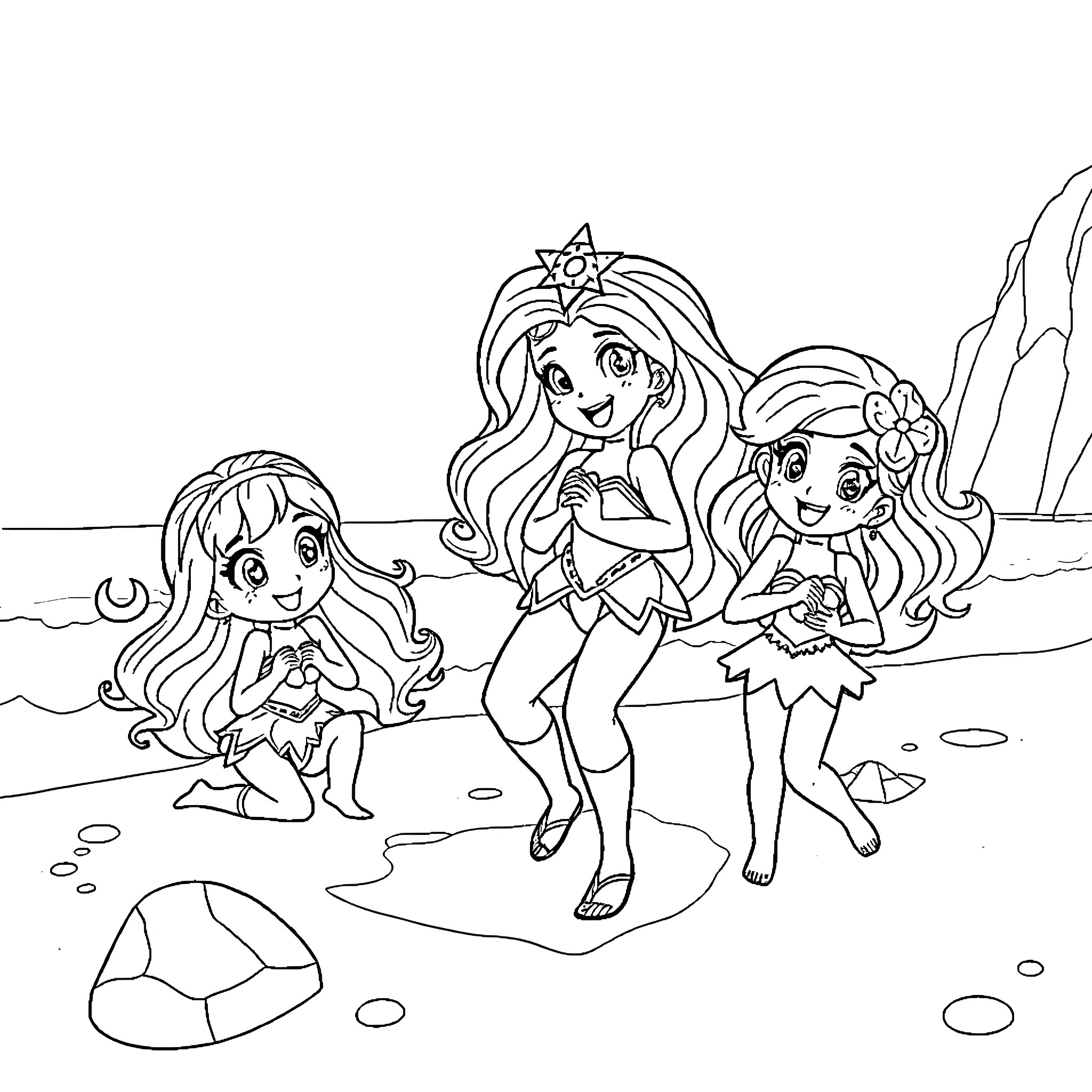 Rainbow Brite and her friends adventure by the sea Coloring Page (free black-and-white line drawing printable PDF for all, from beginners to advanced learners, including children, teens, adults, and seniors)
