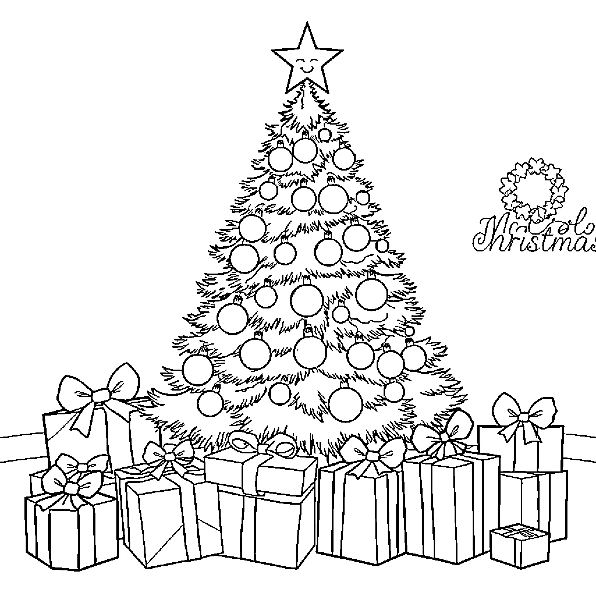 Christmas Tree Adorned with Ornaments and Gifts Coloring Page (free black-and-white line drawing printable PDF for all, from beginners to advanced learners, including children, teens, adults, and seniors)