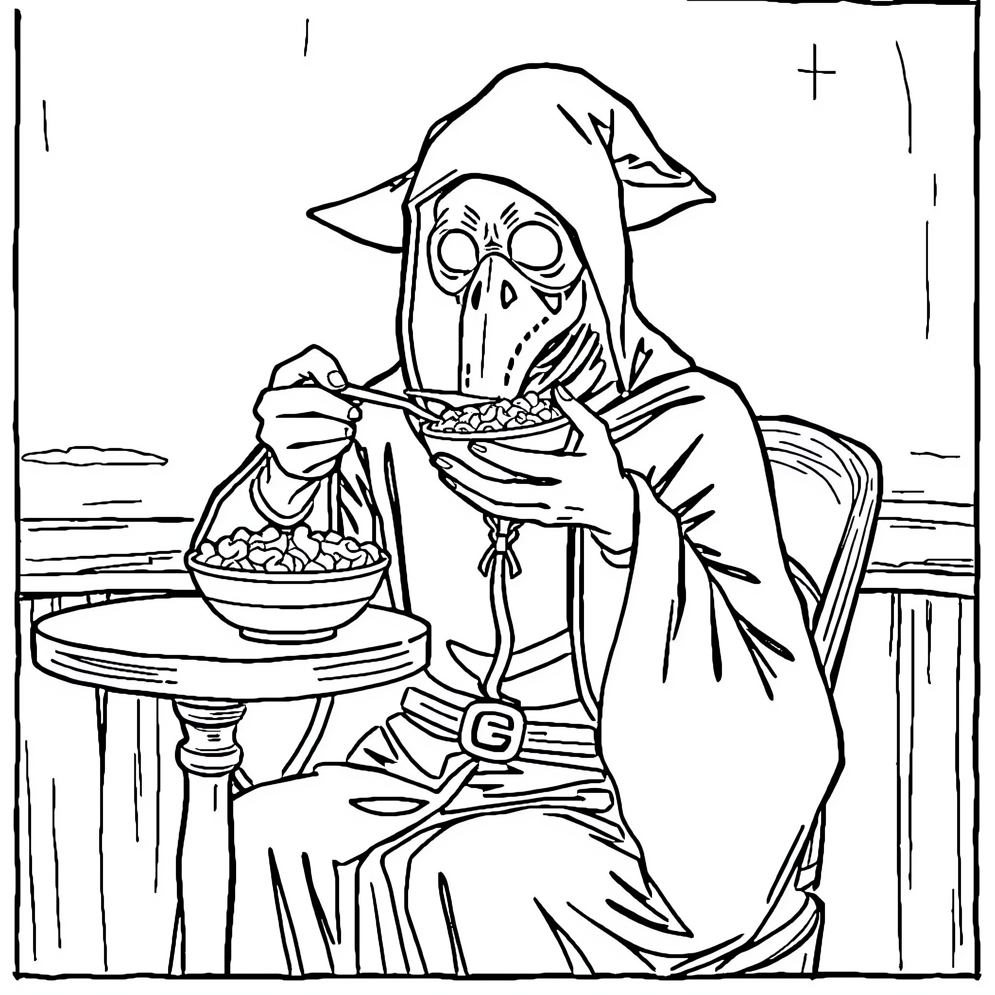 Plague Doctor Feasting on Mysterious Treats Coloring Page (free black-and-white line drawing printable PDF for all, from beginners to advanced learners, including children, teens, adults, and seniors)