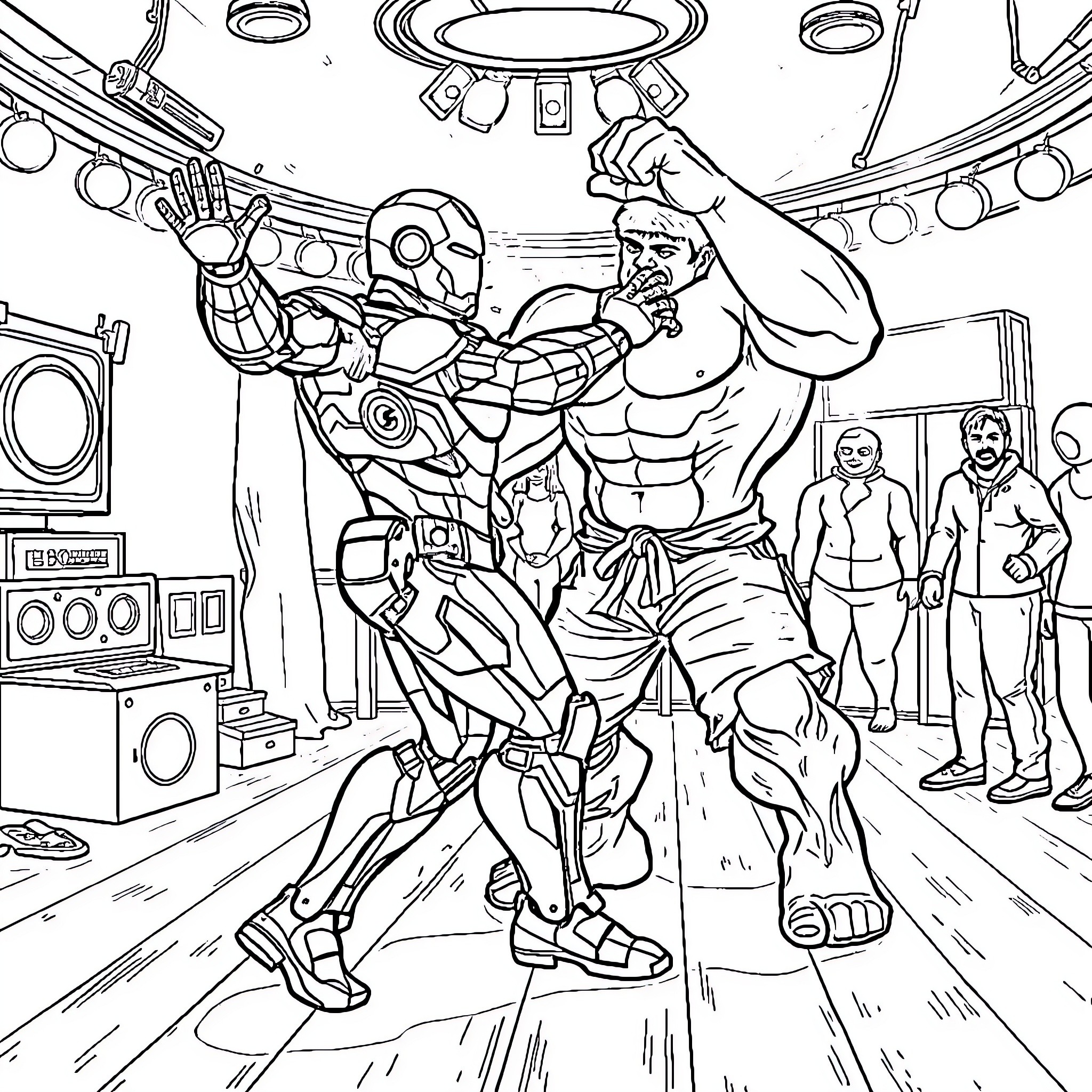 Ironman battling a formidable foe in a high-tech setting Coloring Page (free black-and-white line drawing printable PDF for all, from beginners to advanced learners, including children, teens, adults, and seniors)