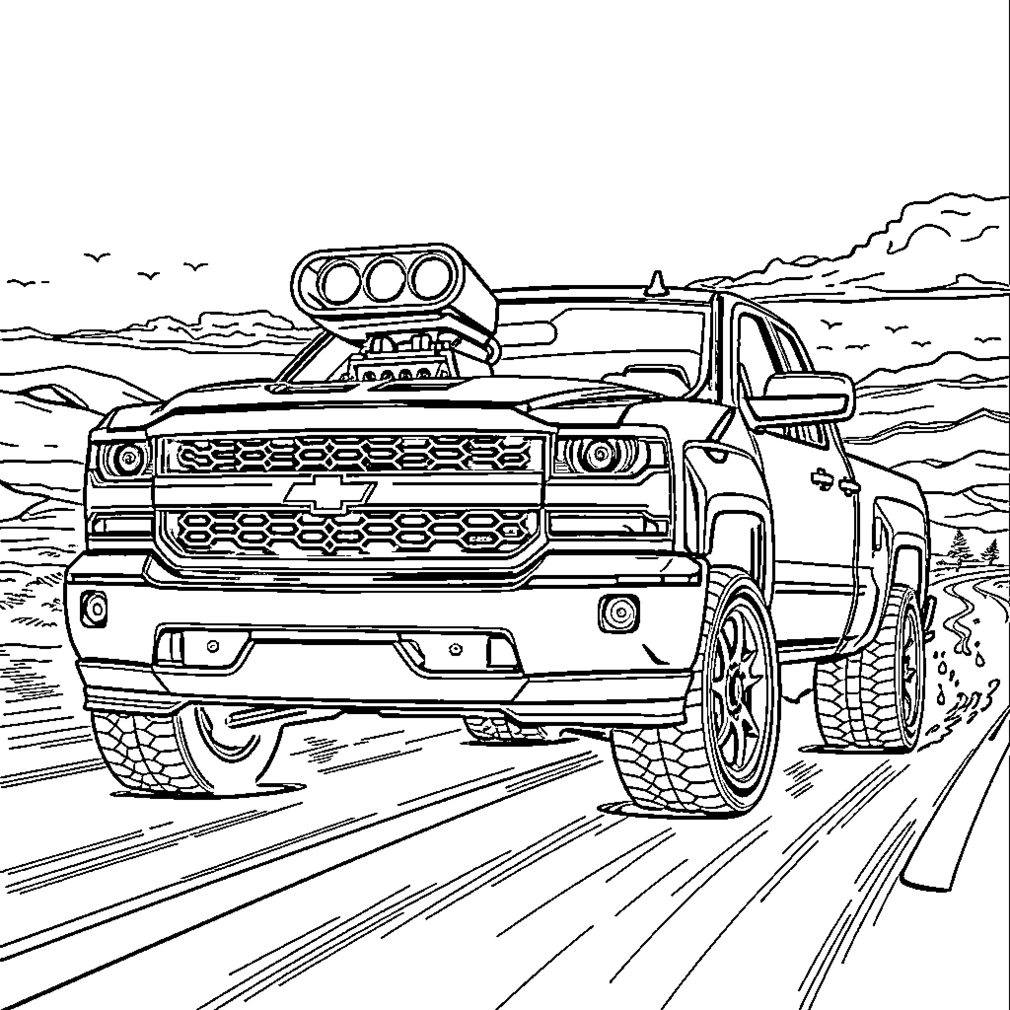 Chevy Silverado Truck Driving Through Rugged Terrain Coloring Page (free black-and-white line drawing printable PDF for all, from beginners to advanced learners, including children, teens, adults, and seniors)