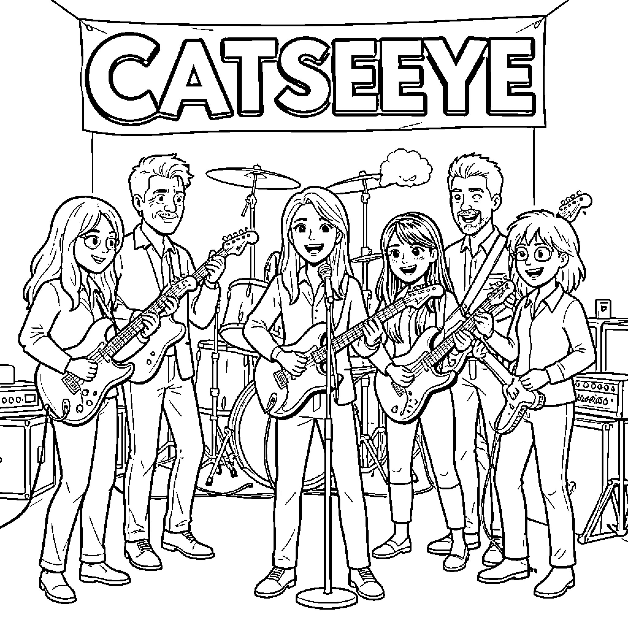 Catseye band performing music on stage Coloring Page (free black-and-white line drawing printable PDF for all, from beginners to advanced learners, including children, teens, adults, and seniors)
