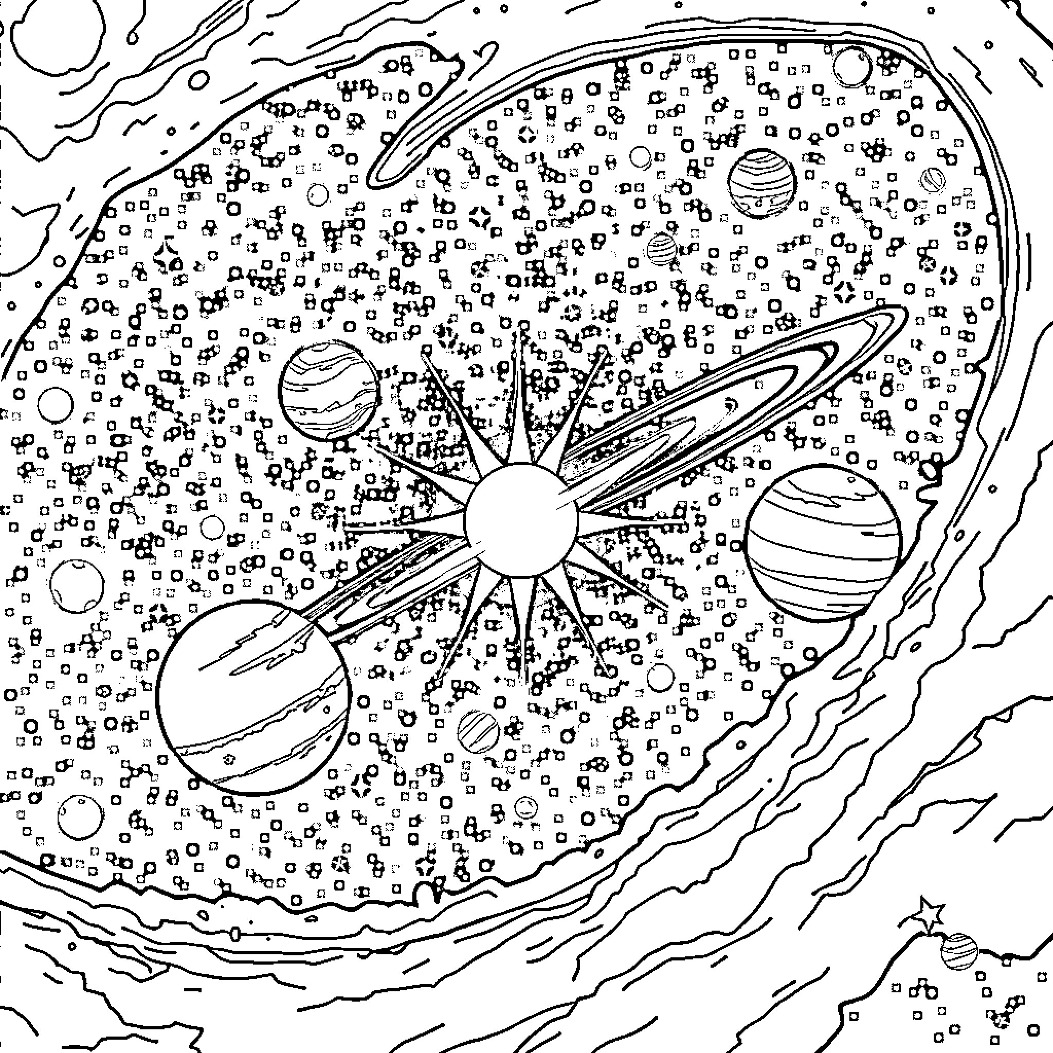 Universe of Cosmic Wonders Coloring Page (free black-and-white line drawing printable PDF for all, from beginners to advanced learners, including children, teens, adults, and seniors)