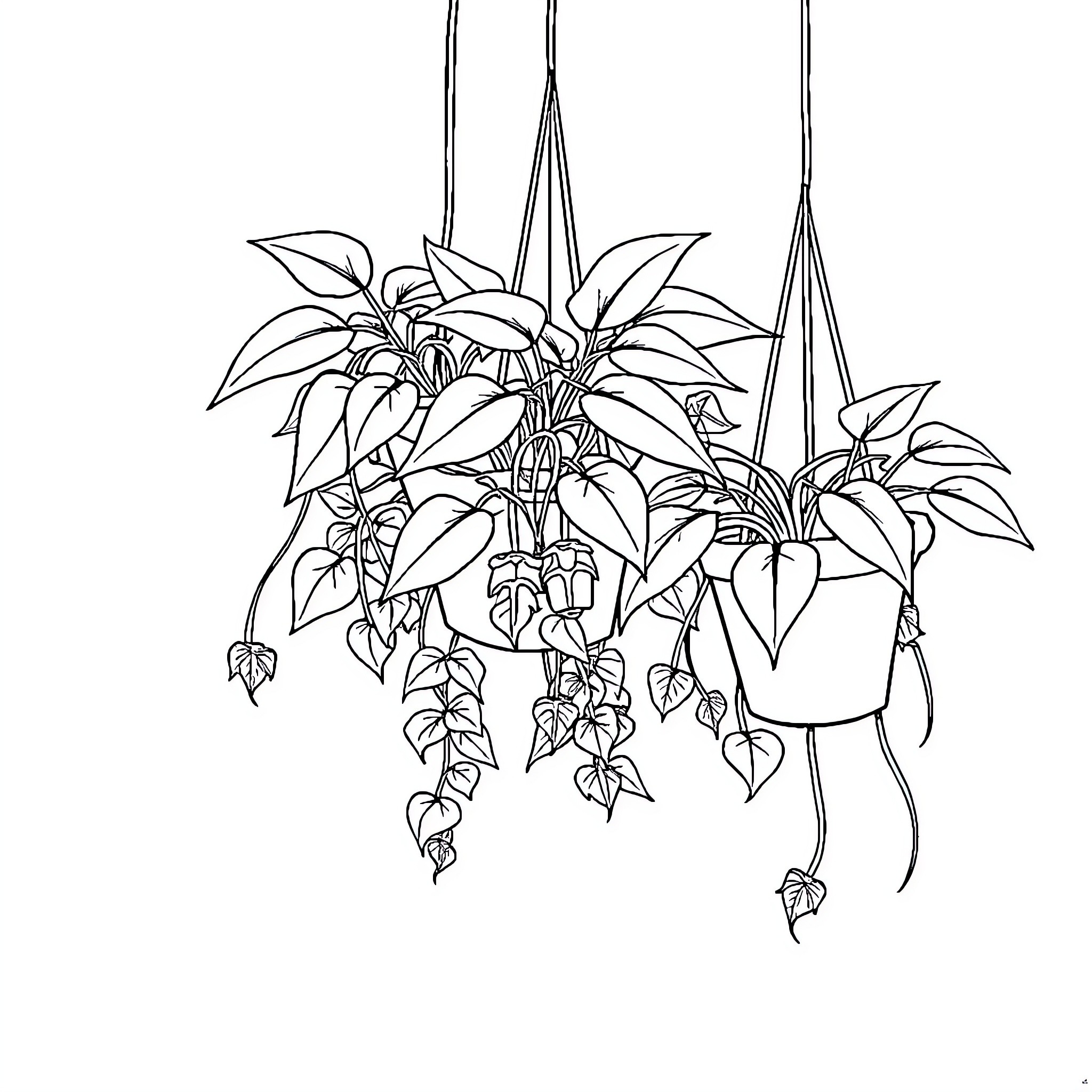 Plant hanging in baskets with lush foliage Coloring Page (free black-and-white line drawing printable PDF for all, from beginners to advanced learners, including children, teens, adults, and seniors)