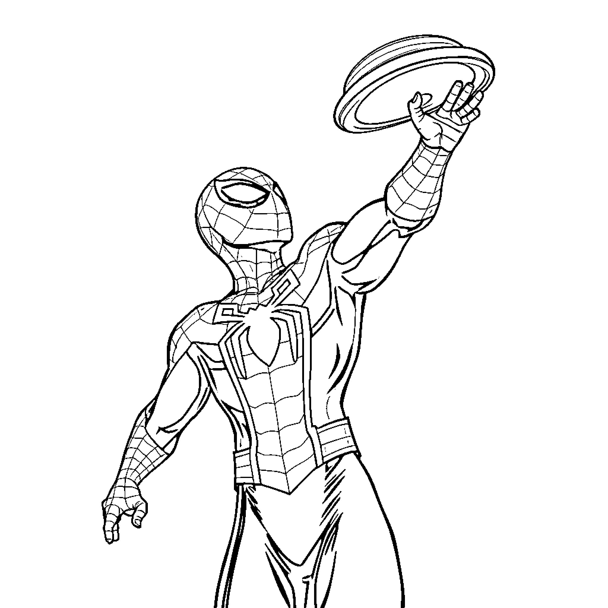 Spiderman swinging with web in action pose Coloring Page (free black-and-white line drawing printable PDF for all, from beginners to advanced learners, including children, teens, adults, and seniors)
