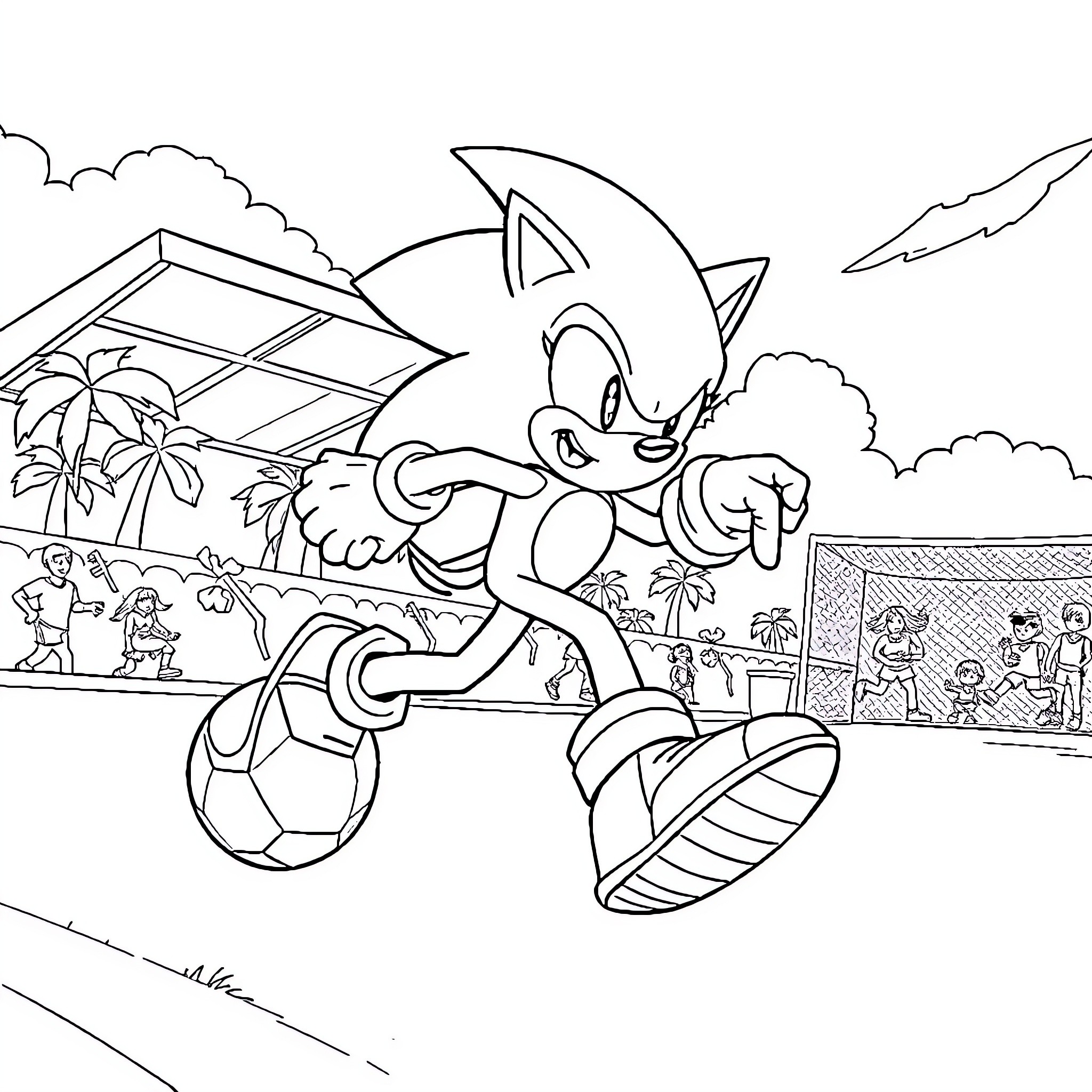 Sonic playing soccer in a tropical setting Coloring Page (free black-and-white line drawing printable PDF for all, from beginners to advanced learners, including children, teens, adults, and seniors)