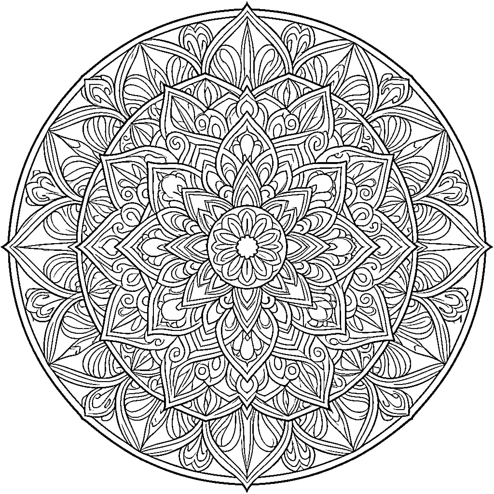 Mandala of intricate floral patterns and shapes Coloring Page (free black-and-white line drawing printable PDF for all, from beginners to advanced learners, including children, teens, adults, and seniors)