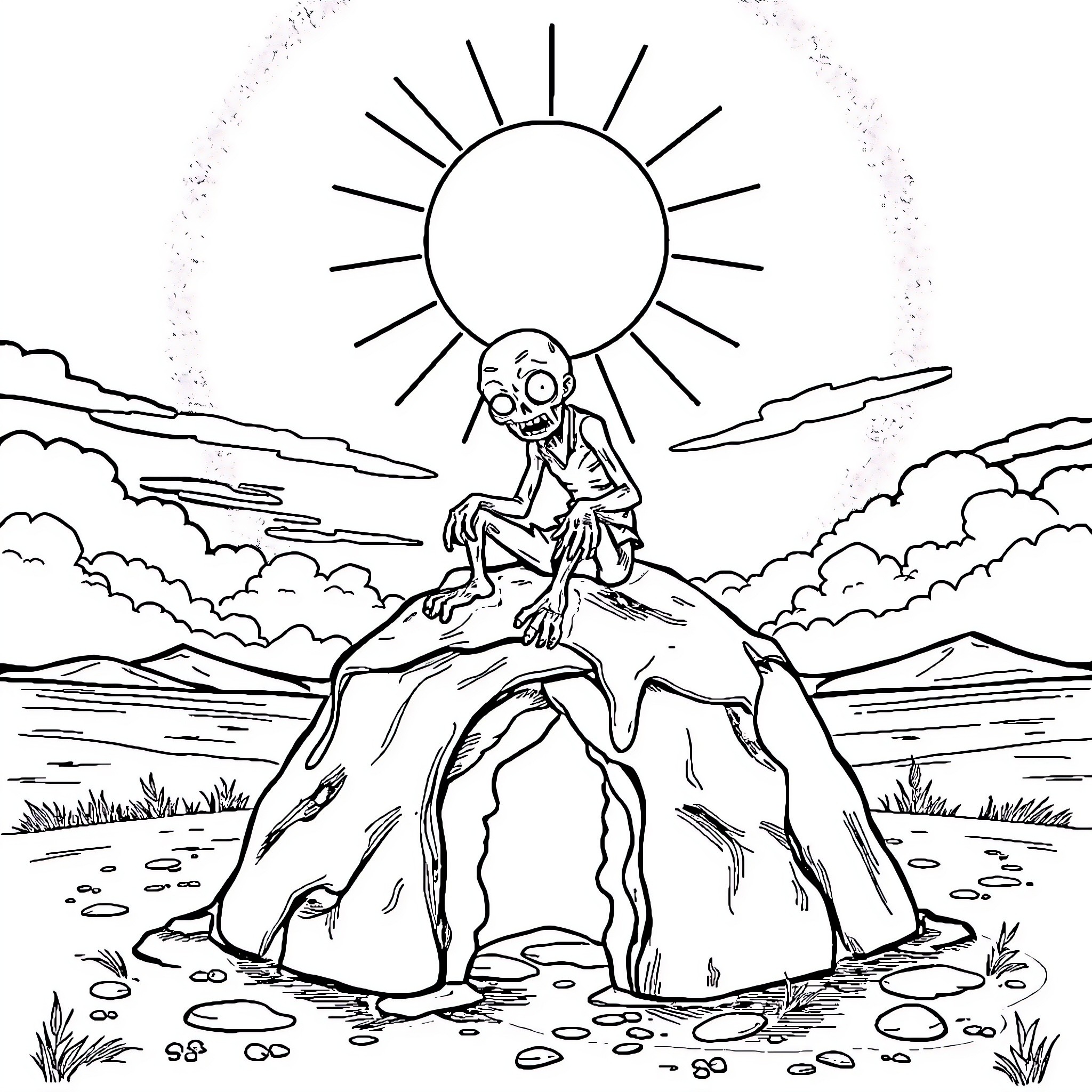 Zombie contemplating the sunny landscape Coloring Page (free black-and-white line drawing printable PDF for all, from beginners to advanced learners, including children, teens, adults, and seniors)