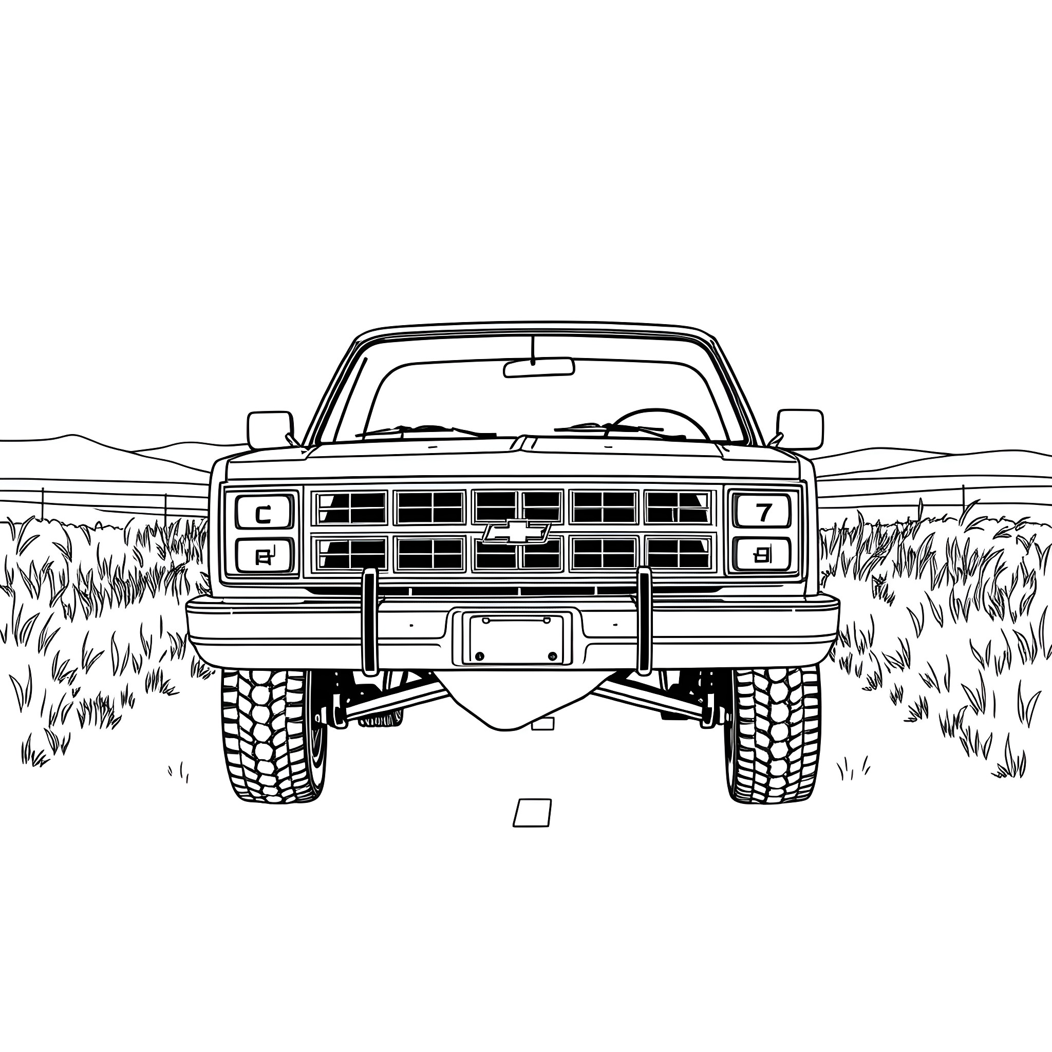 K10 Pickup Truck in Wilderness Landscape Coloring Page (free black-and-white line drawing printable PDF for all, from beginners to advanced learners, including children, teens, adults, and seniors)