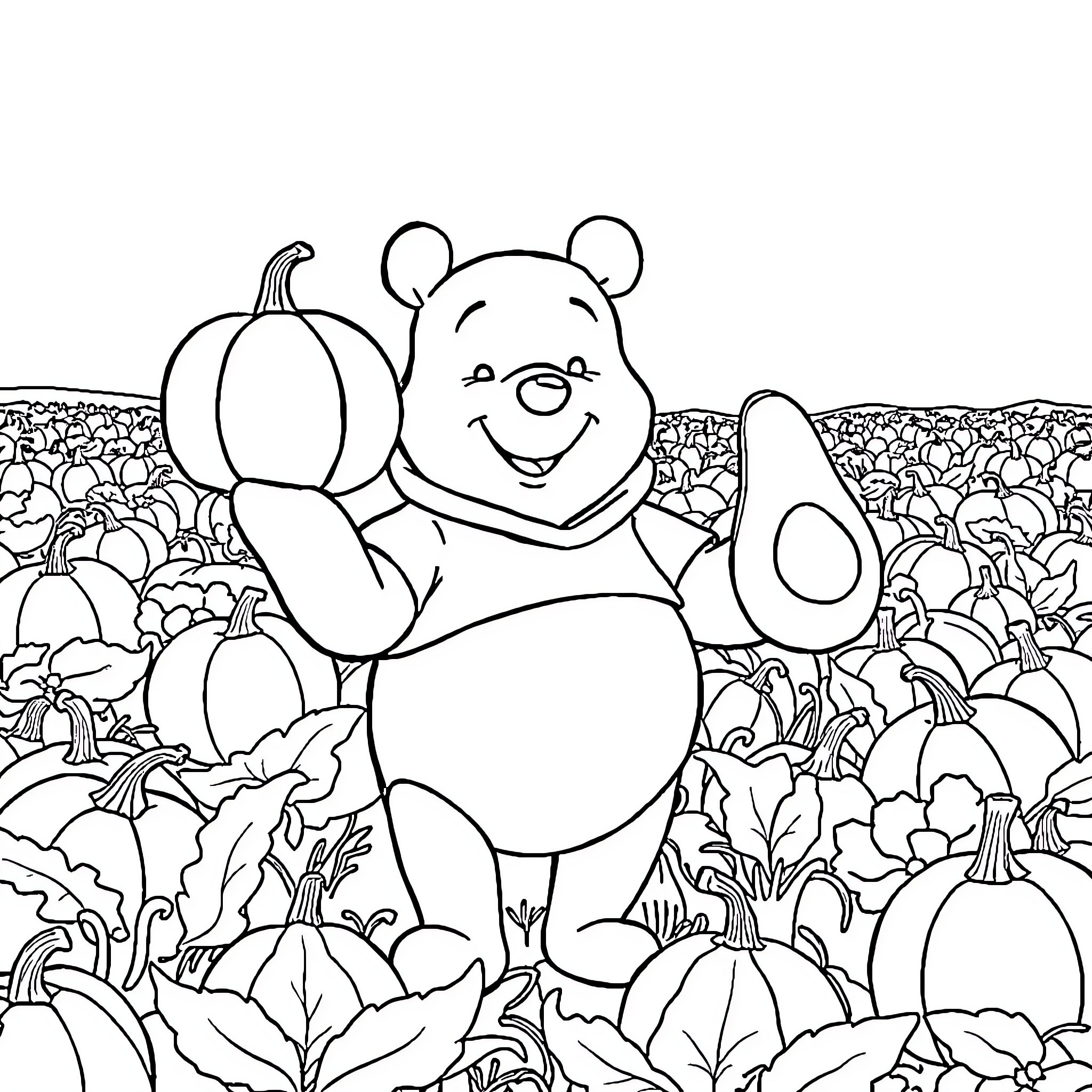 Winnie The Pooh enjoying the autumn scenery Coloring Page (free black-and-white line drawing printable PDF for all, from beginners to advanced learners, including children, teens, adults, and seniors)