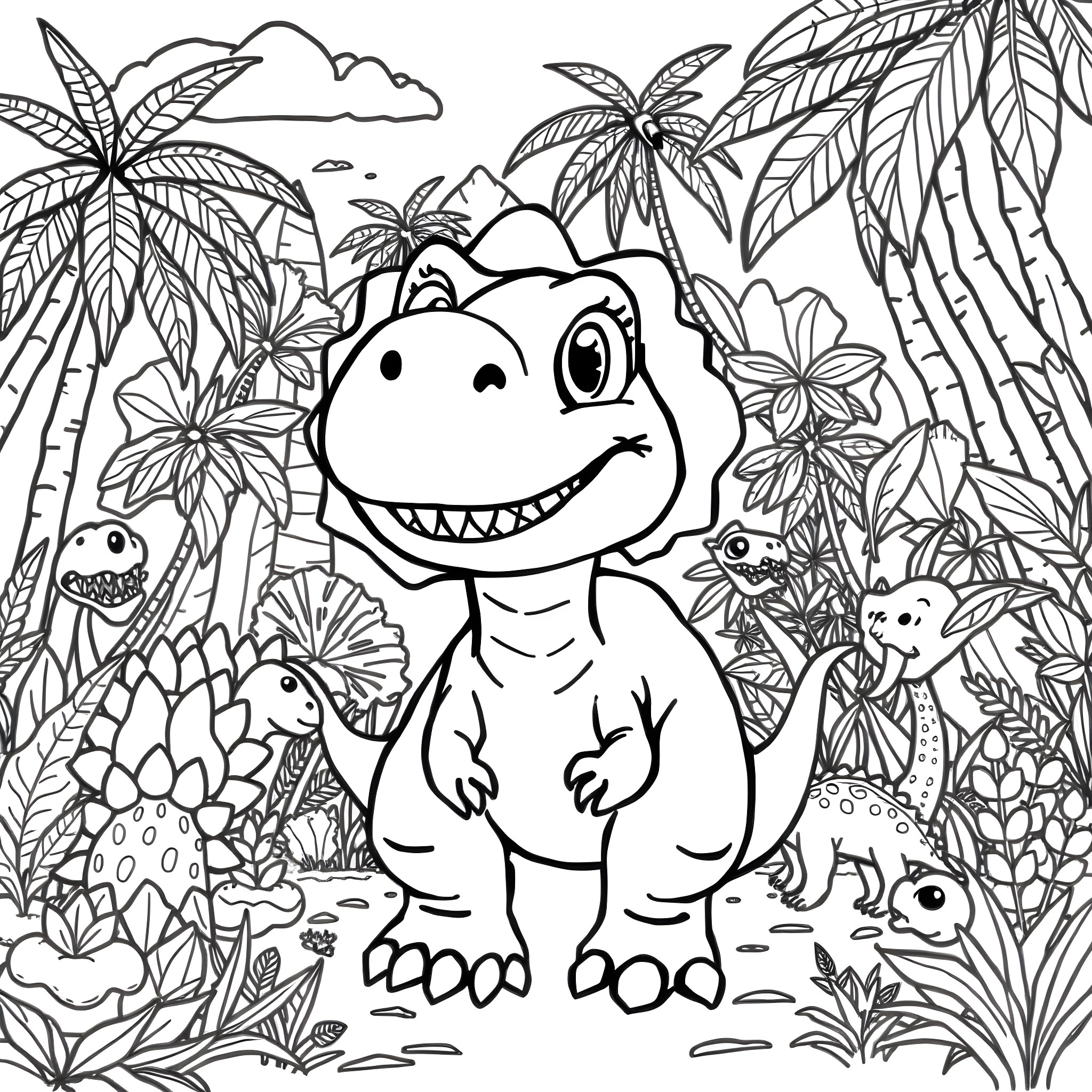 Dinosaur smiling in a tropical jungle landscape Coloring Page (free black-and-white line drawing printable PDF for all, from beginners to advanced learners, including children, teens, adults, and seniors)