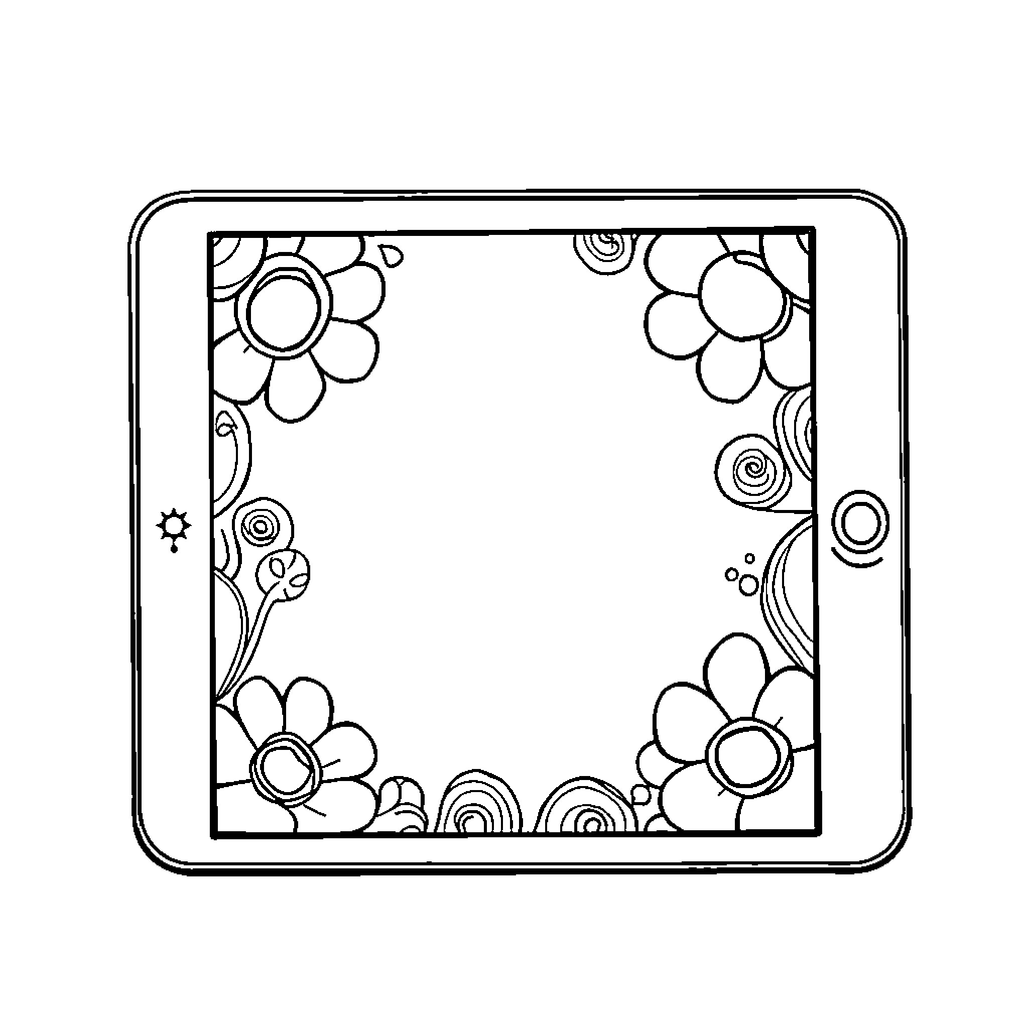 Tablet with floral frame Coloring Page (free black-and-white line drawing printable PDF for all, from beginners to advanced learners, including children, teens, adults, and seniors)