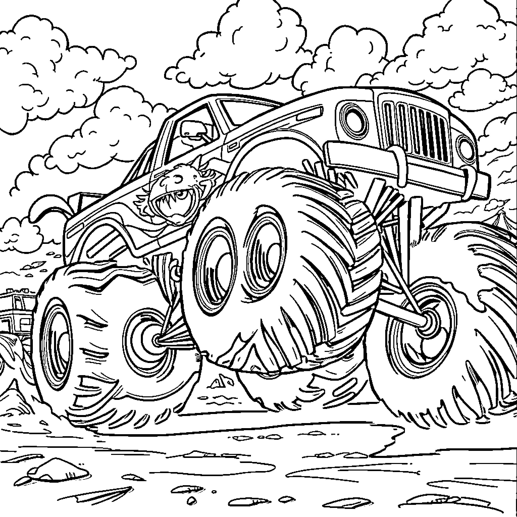 Monster Truck Crushing Through Muddy Terrain Coloring Page (free black-and-white line drawing printable PDF for all, from beginners to advanced learners, including children, teens, adults, and seniors)