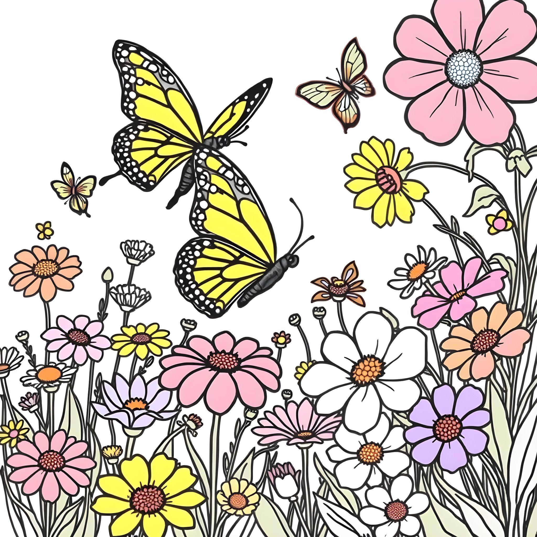 Butterflies fluttering amidst vibrant flowers Coloring Page (free black-and-white line drawing printable PDF for all, from beginners to advanced learners, including children, teens, adults, and seniors)