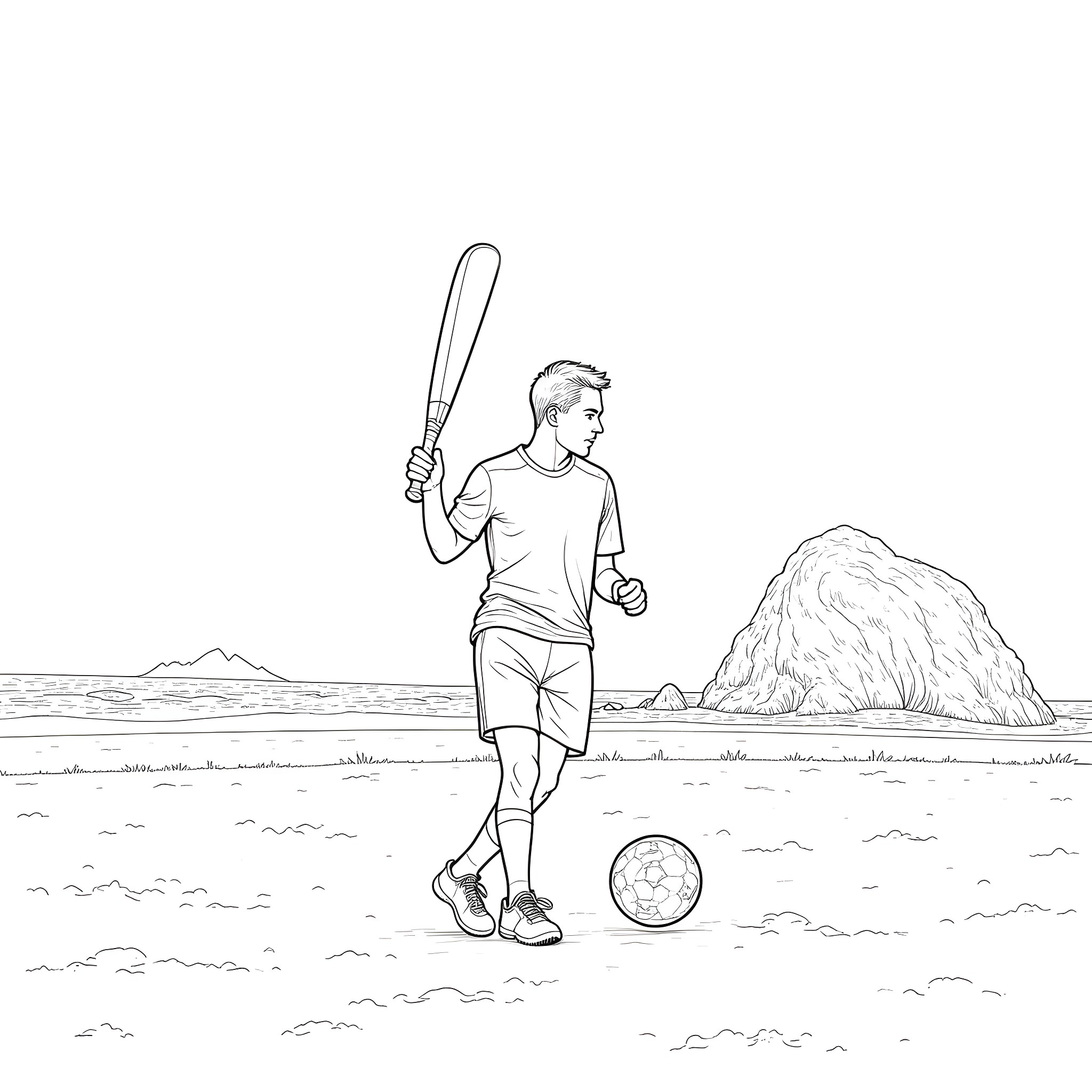 Soccer Player Kicking Ball on Beach Coloring Page (free black-and-white line drawing printable PDF for all, from beginners to advanced learners, including children, teens, adults, and seniors)