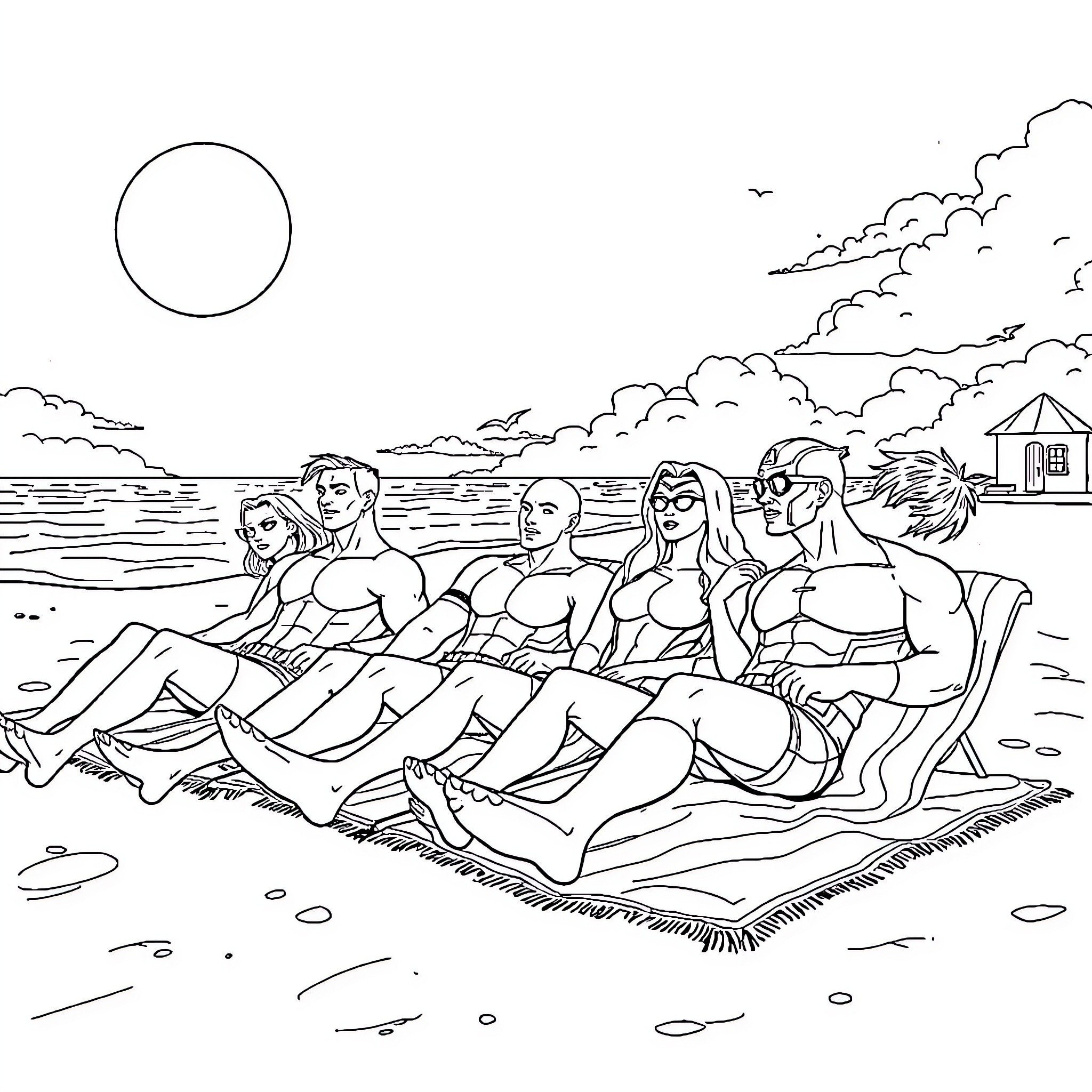 Avengers enjoy a sunny day at the beach Coloring Page (free black-and-white line drawing printable PDF for all, from beginners to advanced learners, including children, teens, adults, and seniors)