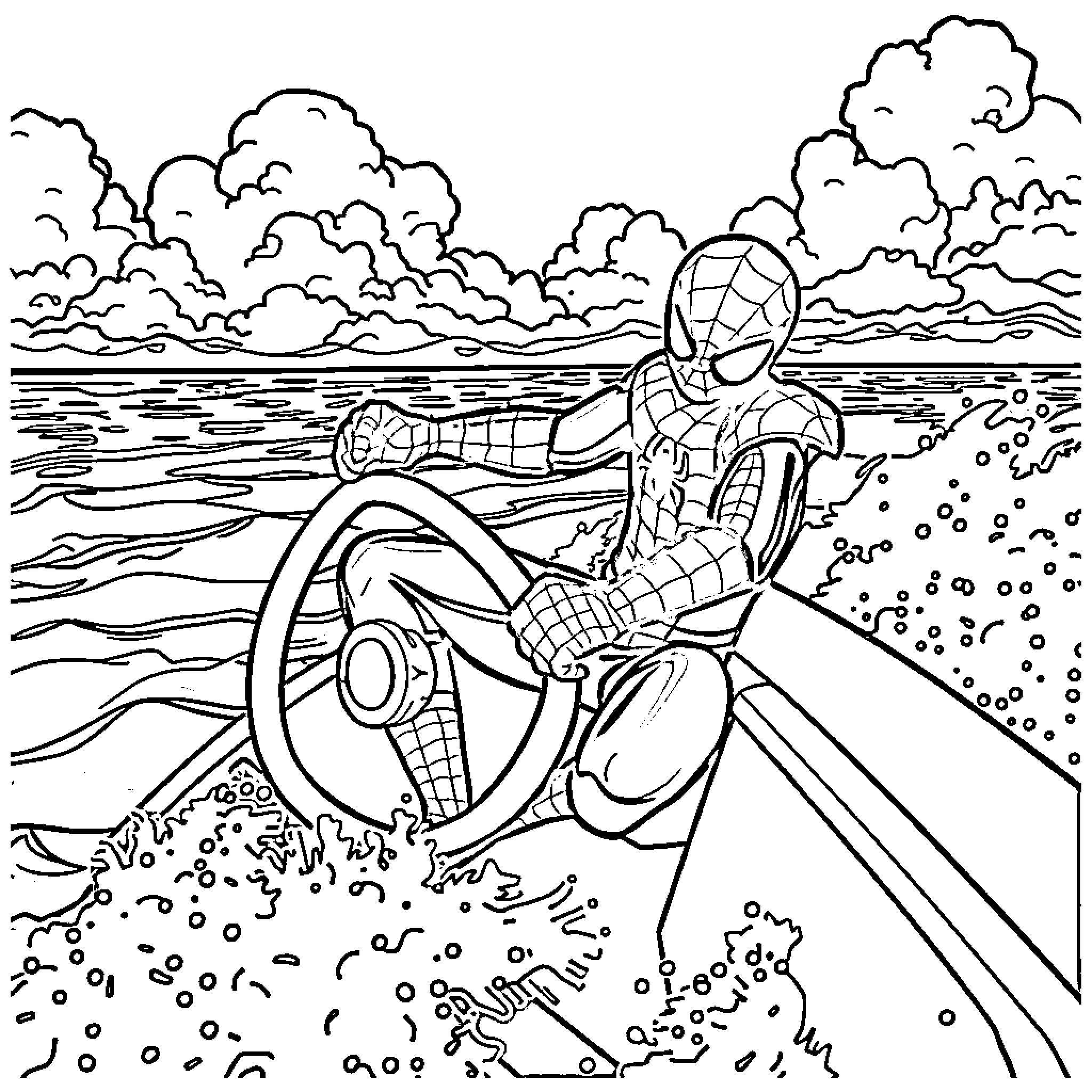 Spider-Man navigating speedboat through choppy waters Coloring Page (free black-and-white line drawing printable PDF for all, from beginners to advanced learners, including children, teens, adults, and seniors)