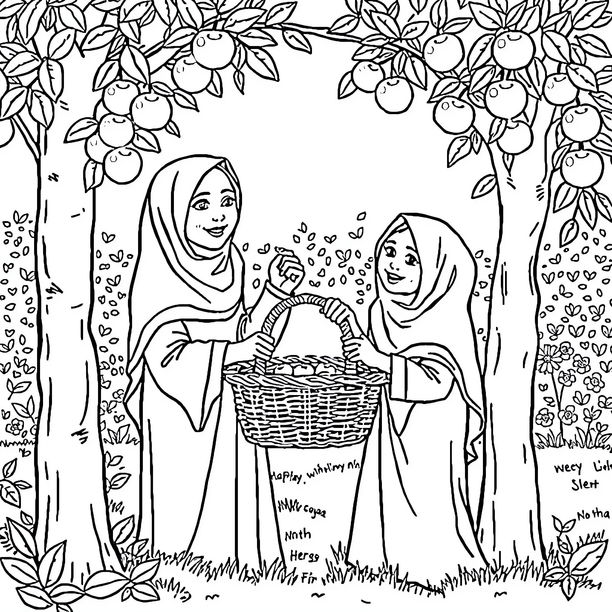 Mother and child gathering fruit in an orchard Coloring Page (free black-and-white line drawing printable PDF for all, from beginners to advanced learners, including children, teens, adults, and seniors)