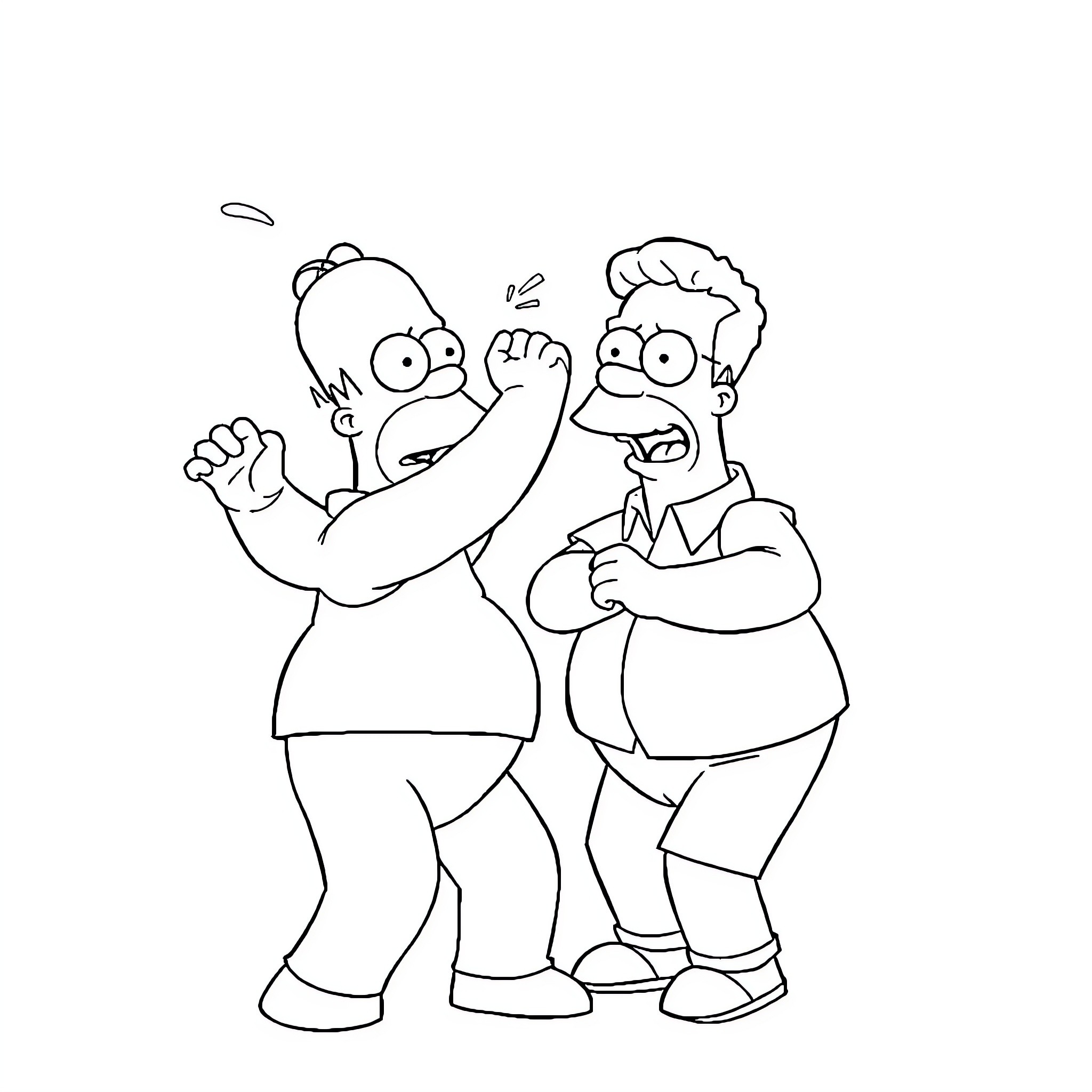 Homer Simpson caught in a fight with friend Coloring Page (free black-and-white line drawing printable PDF for all, from beginners to advanced learners, including children, teens, adults, and seniors)
