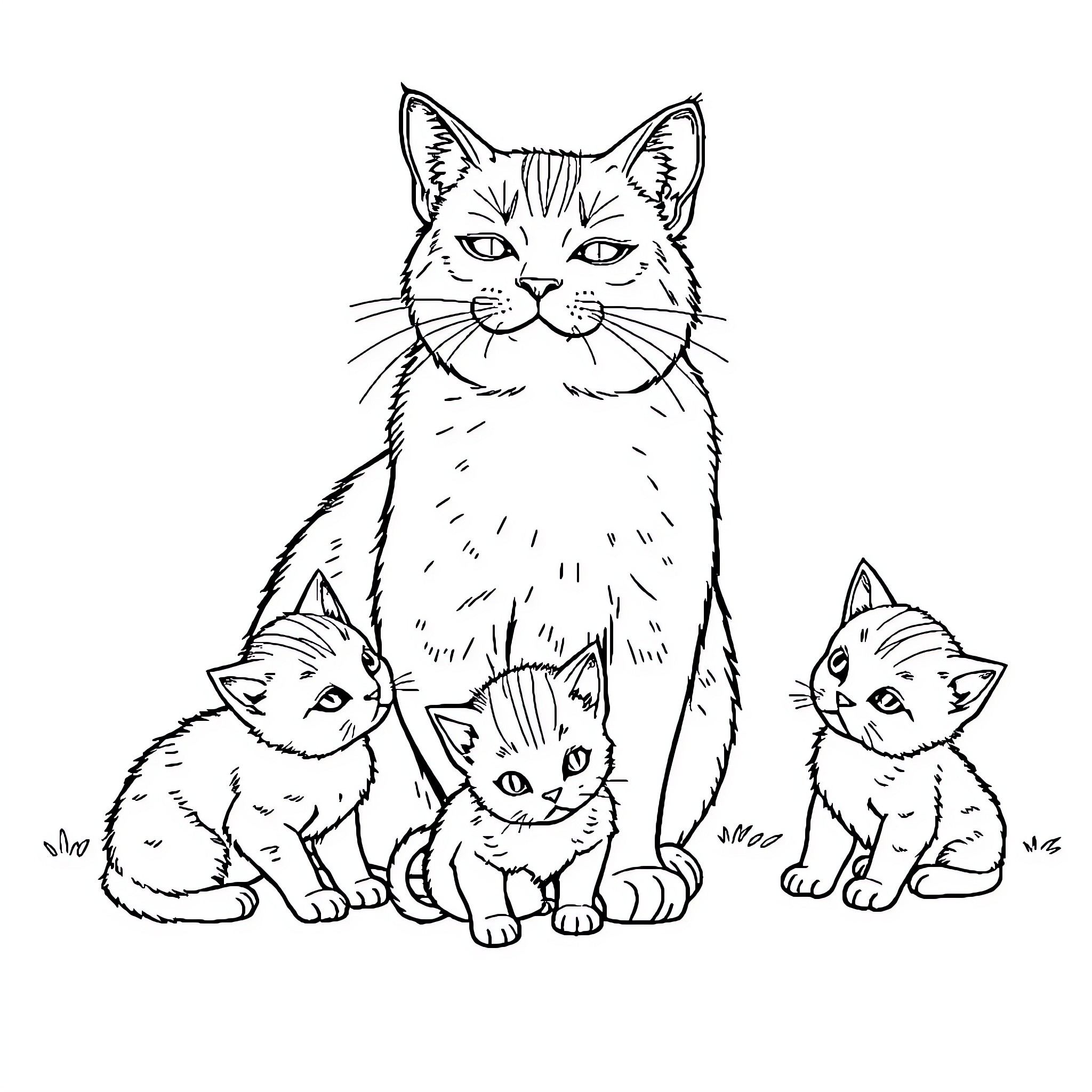 Cat and kittens in a family portrait Coloring Page (free black-and-white line drawing printable PDF for all, from beginners to advanced learners, including children, teens, adults, and seniors)