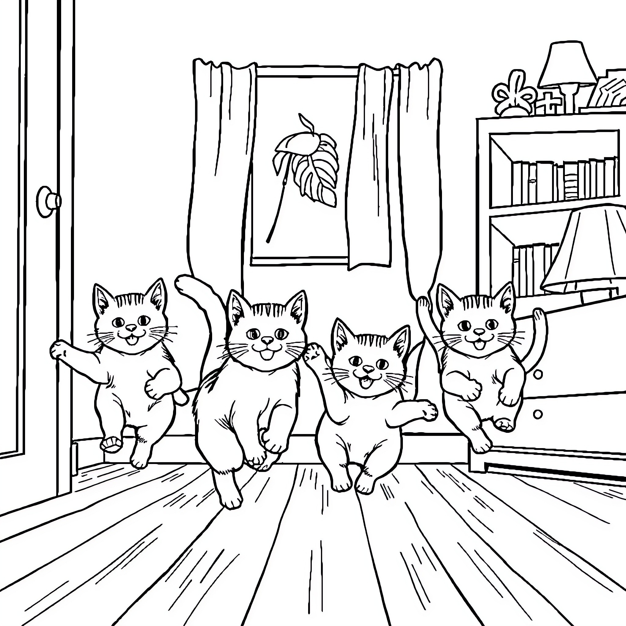 Cat Kittens Exploring Cozy Interior Coloring Page (free black-and-white line drawing printable PDF for all, from beginners to advanced learners, including children, teens, adults, and seniors)