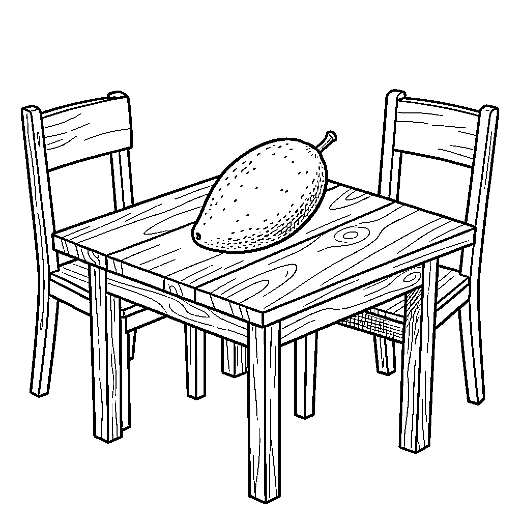 Mango resting on a wooden dining table Coloring Page (free black-and-white line drawing printable PDF for all, from beginners to advanced learners, including children, teens, adults, and seniors)