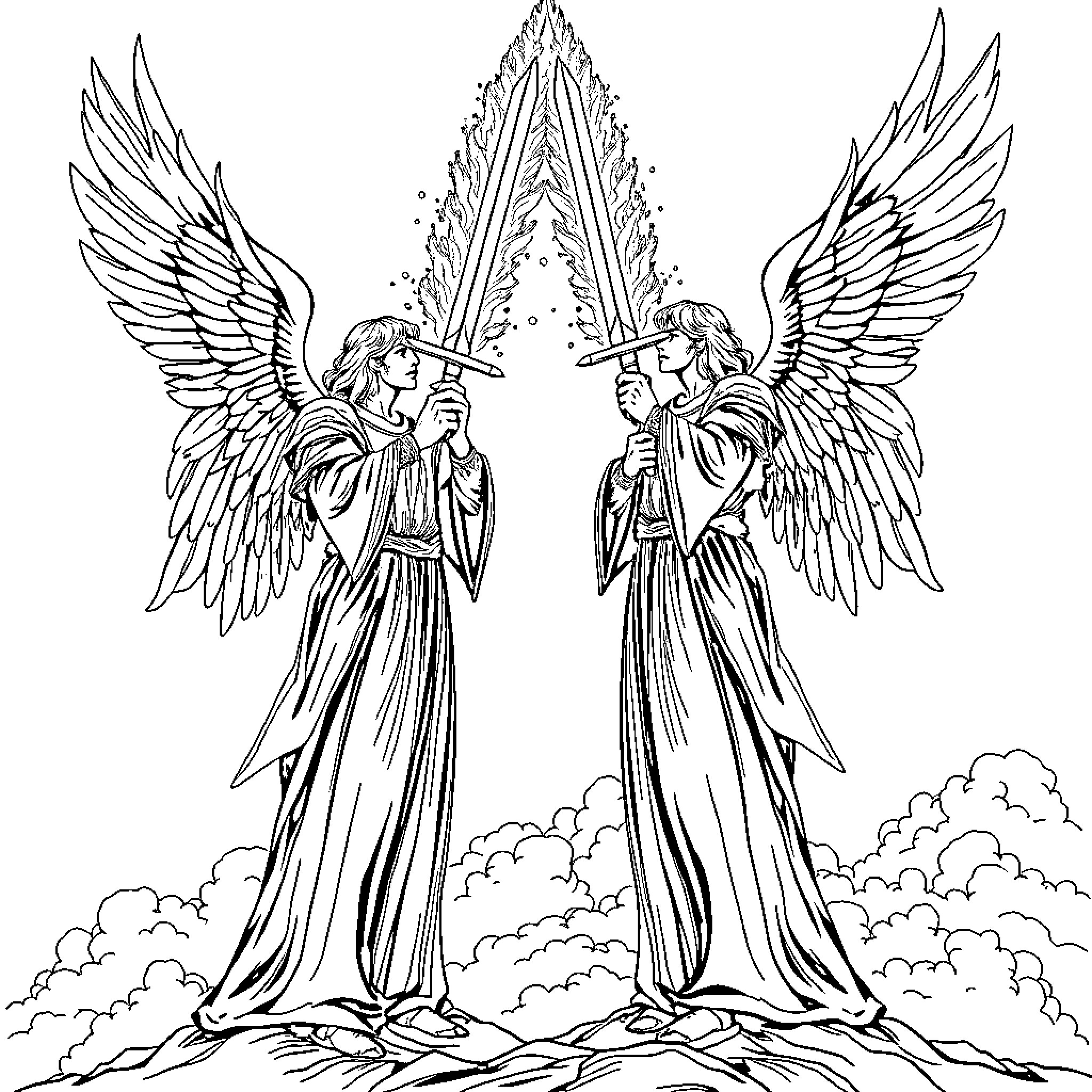 Angel Warriors Bearing Swords in the Clouds Coloring Page (free black-and-white line drawing printable PDF for all, from beginners to advanced learners, including children, teens, adults, and seniors)
