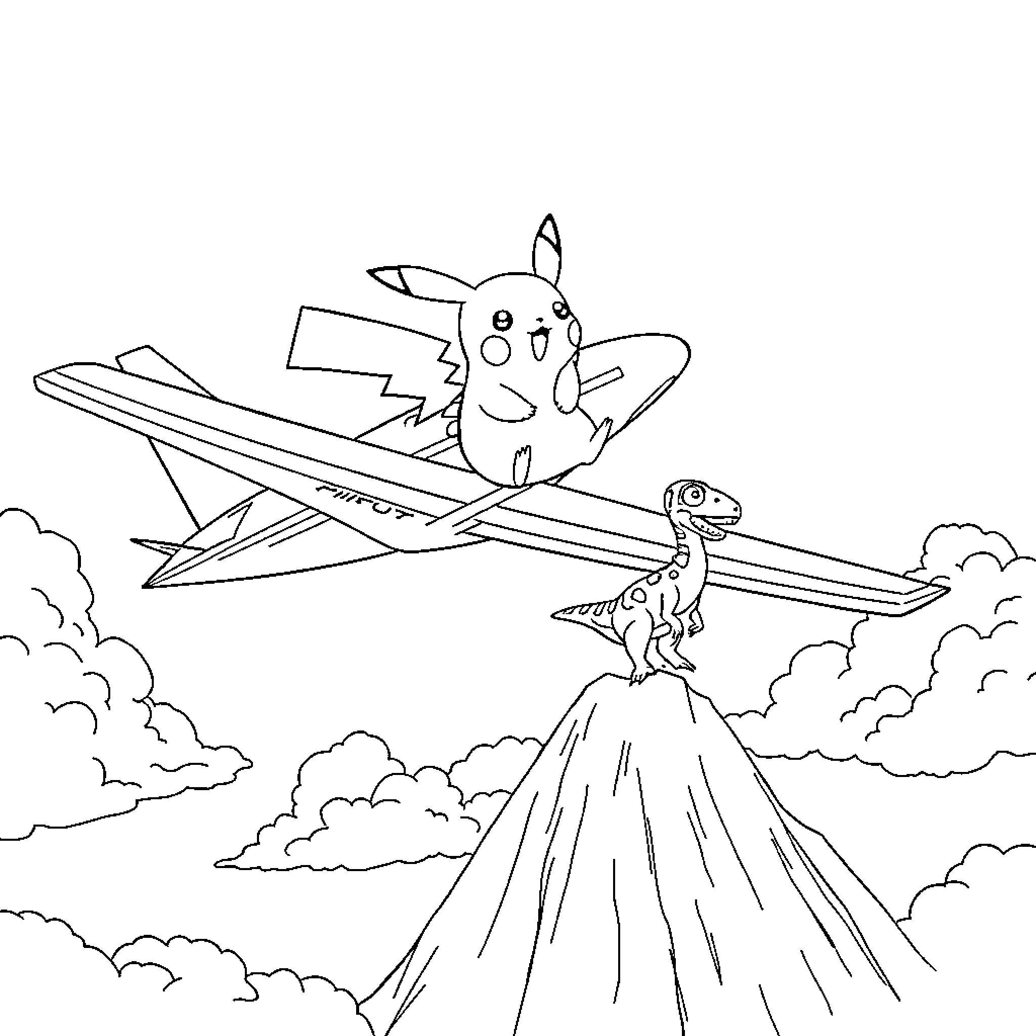 Avión con Pikachu y Dinosaurio volando en el cielo Coloring Page (free black-and-white line drawing printable PDF for all, from beginners to advanced learners, including children, teens, adults, and seniors)