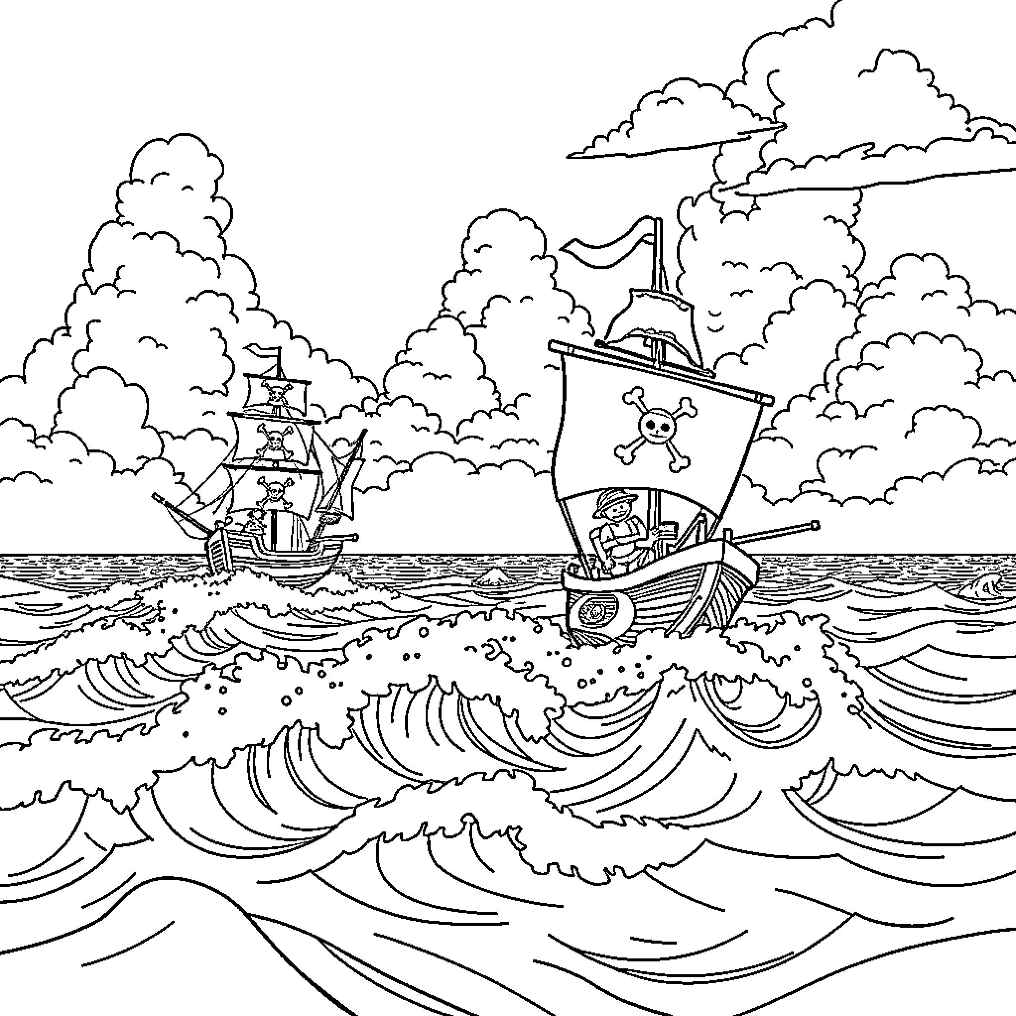 One Piece: Pirates Sailing Across the Stormy Seas Coloring Page (free black-and-white line drawing printable PDF for all, from beginners to advanced learners, including children, teens, adults, and seniors)